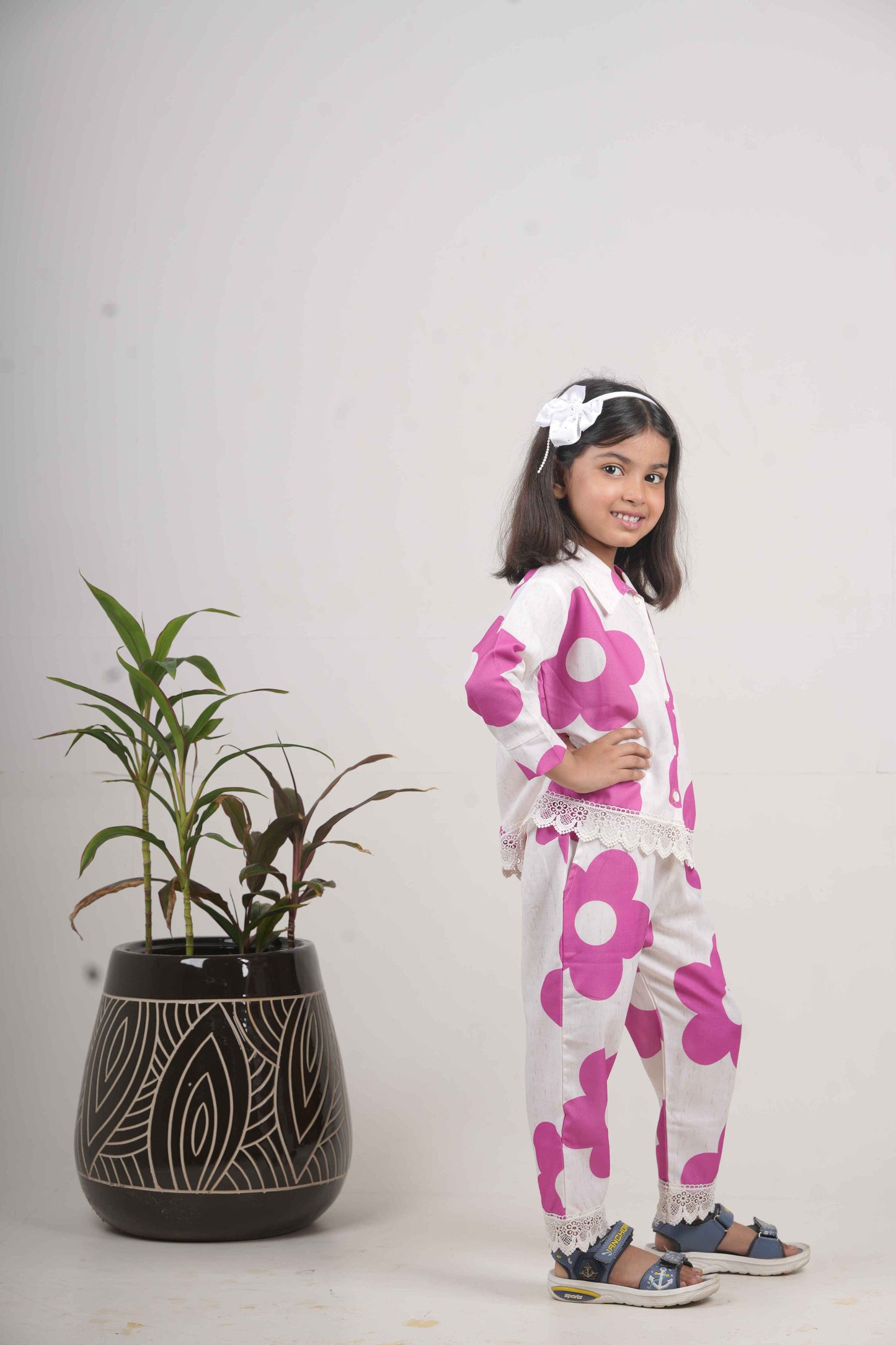Girls Pink Floral Print Cotton Cord Set