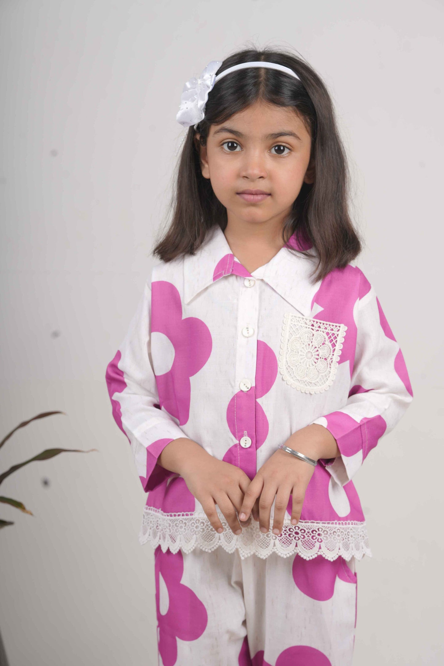 Girls Pink Floral Print Cotton Cord Set