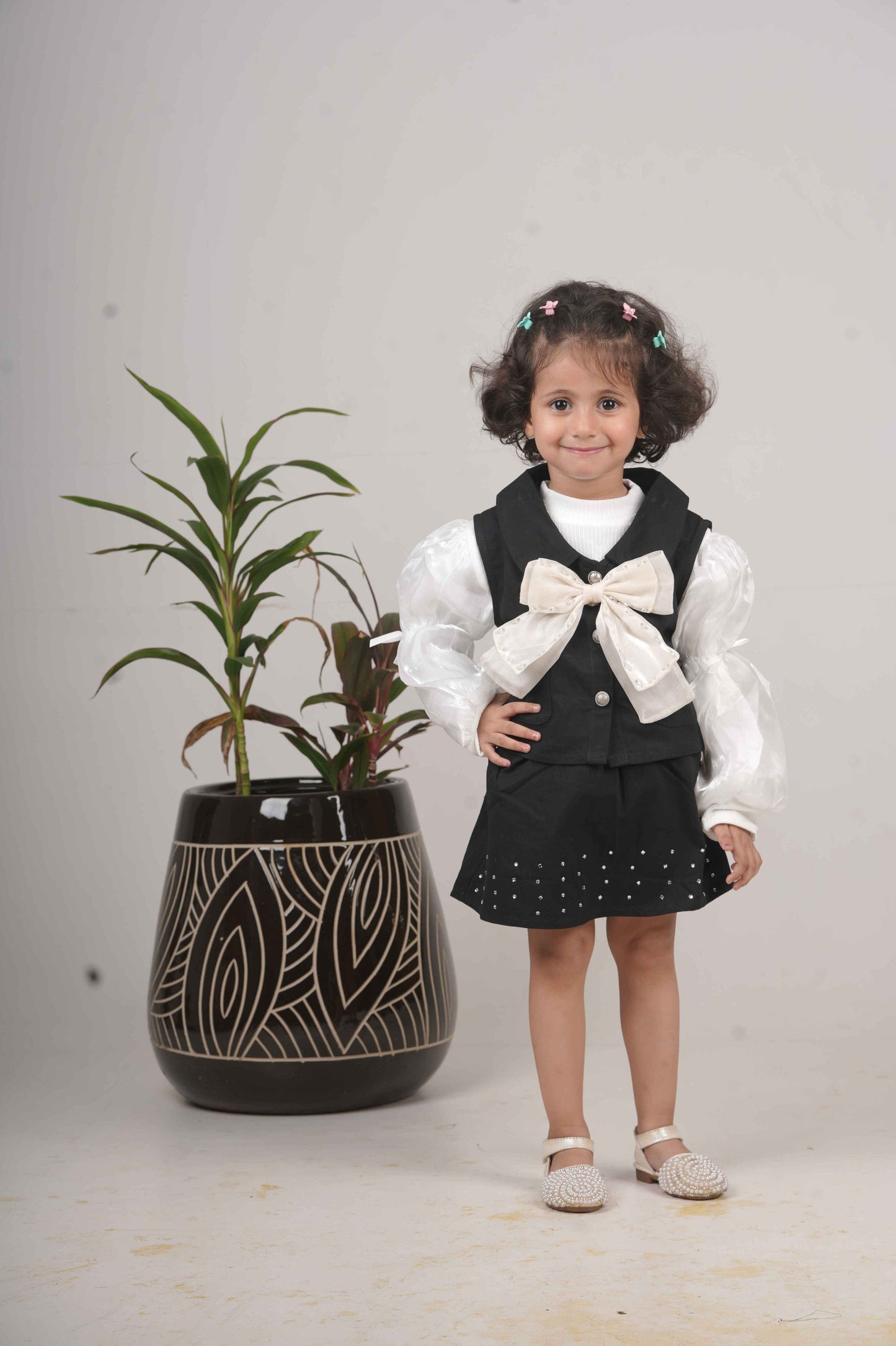 Girls Black & White Skirt Top Set