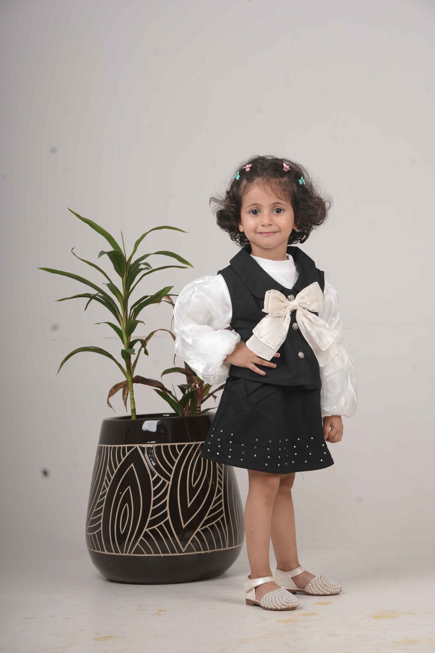 Girls Black & White Skirt Top Set