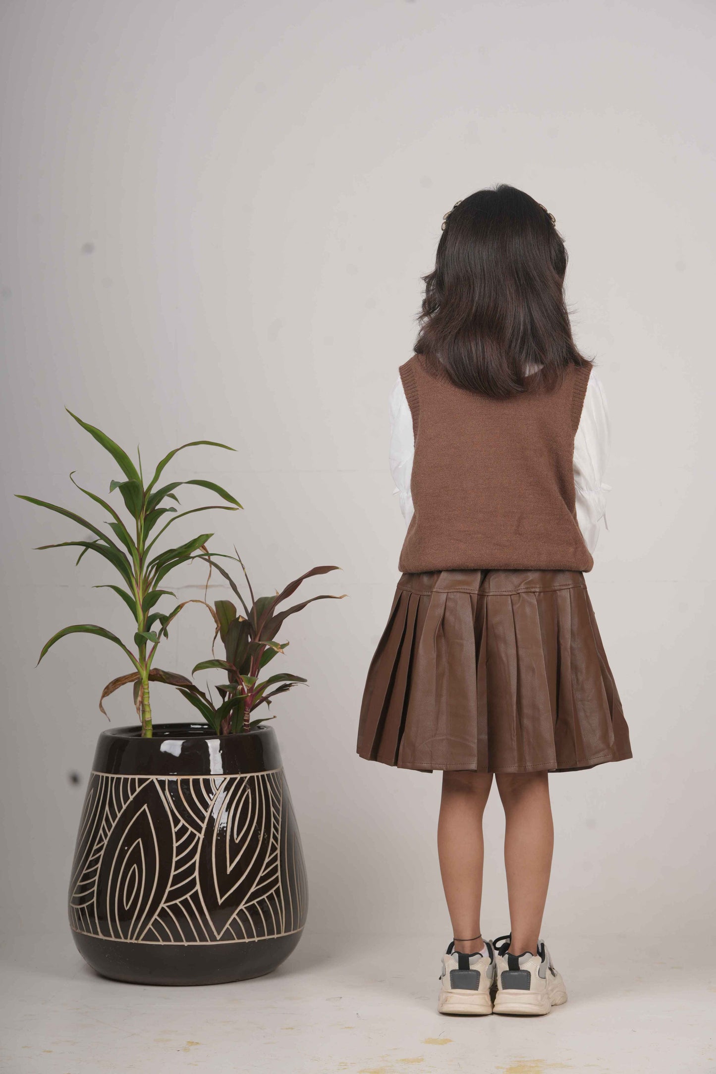 Girls' Leather Skirt & Top Set - Dark Brown