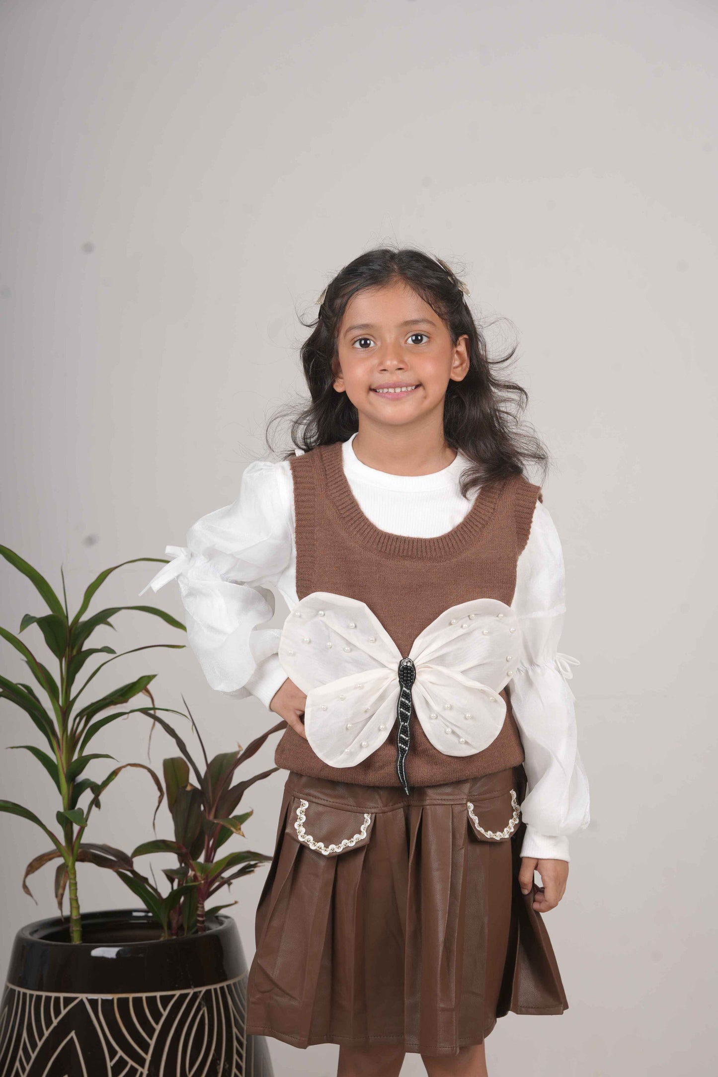 Girls' Leather Skirt & Top Set - Dark Brown