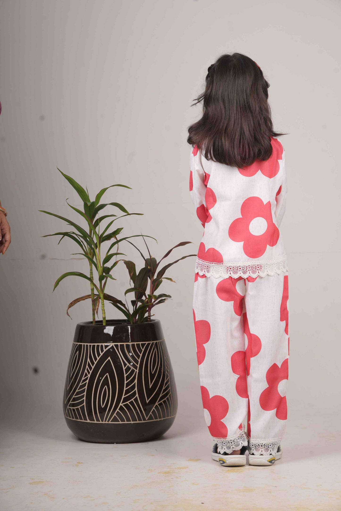 Girls Red Floral Print Cotton Cord Set