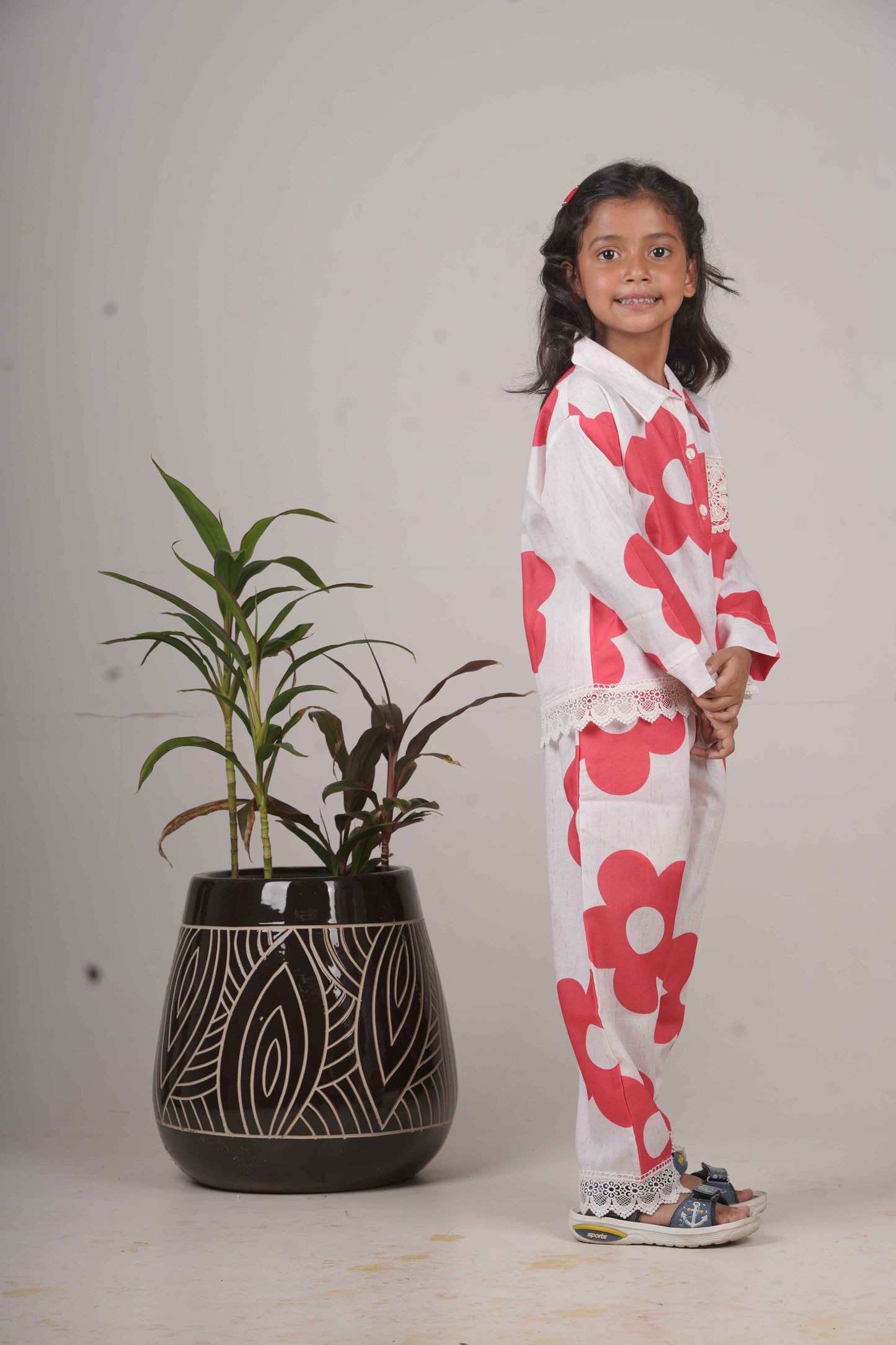 Girls Red Floral Print Cotton Cord Set