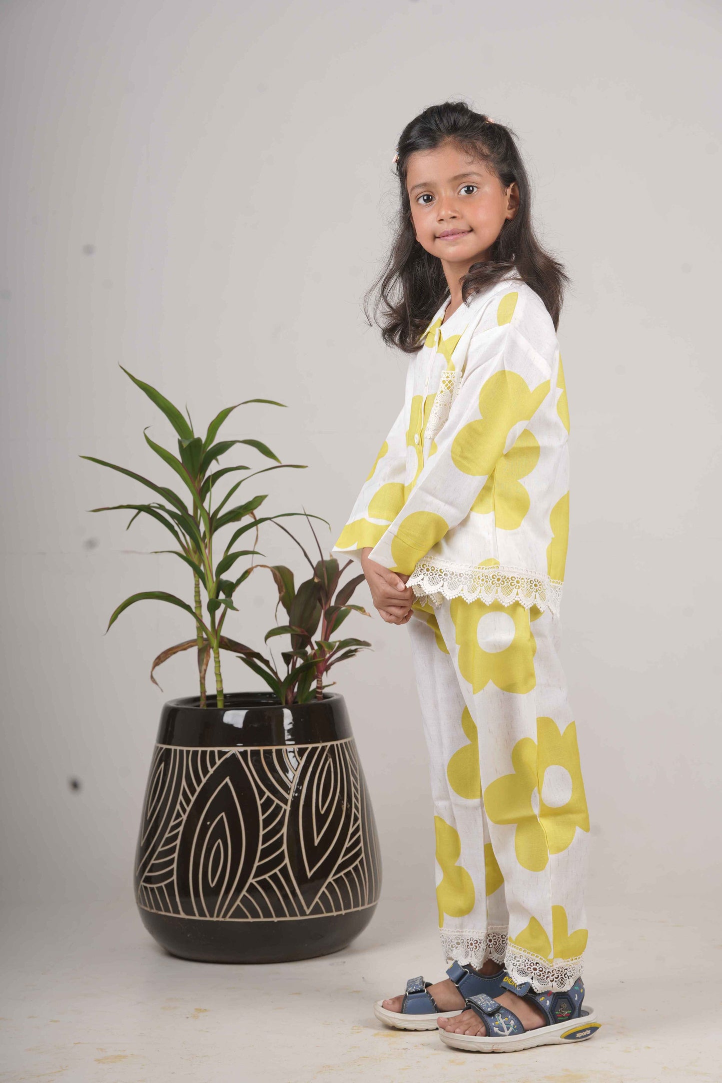 Girls Yellow Floral Print Cotton Cord Set