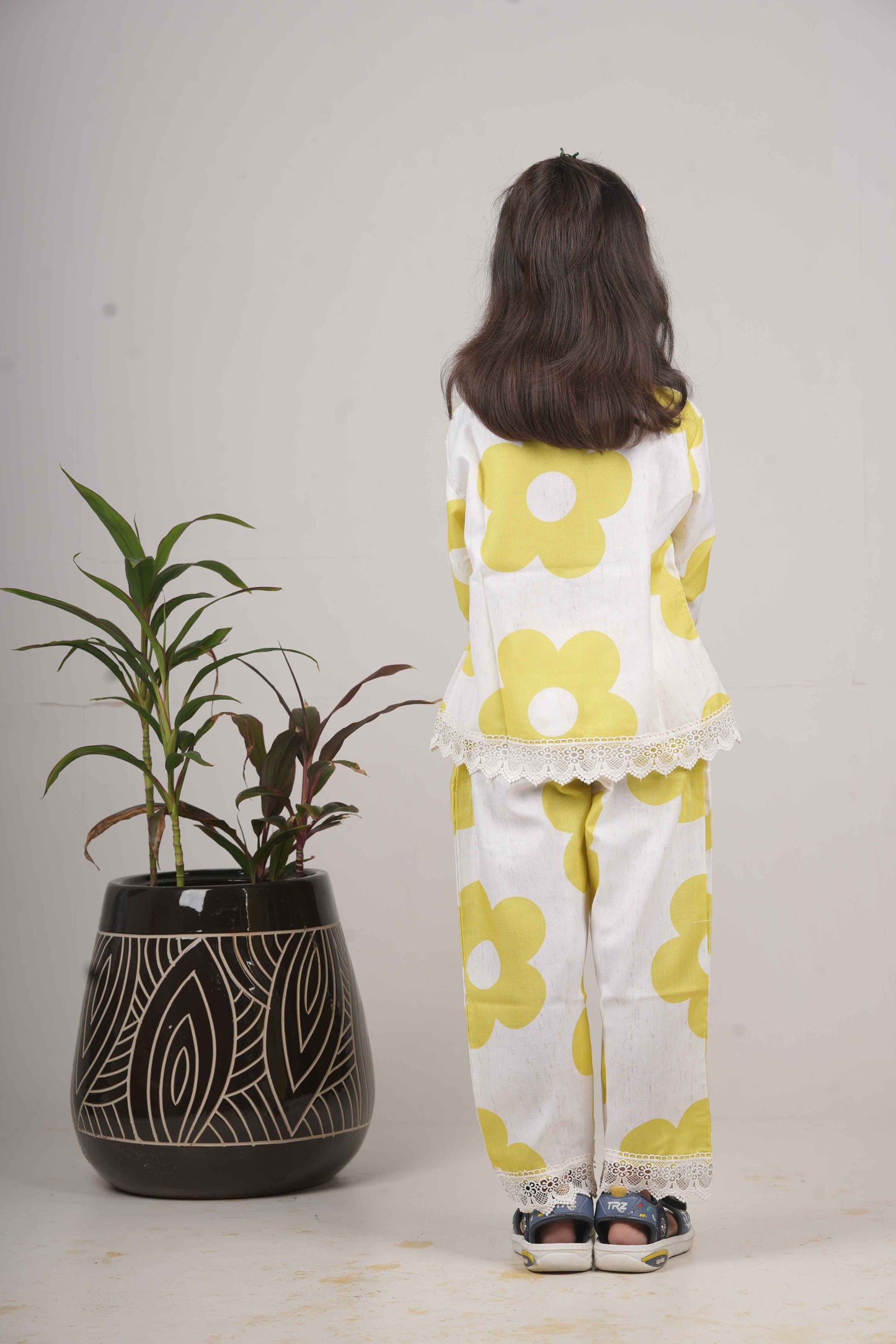 Girls Yellow Floral Print Cotton Cord Set