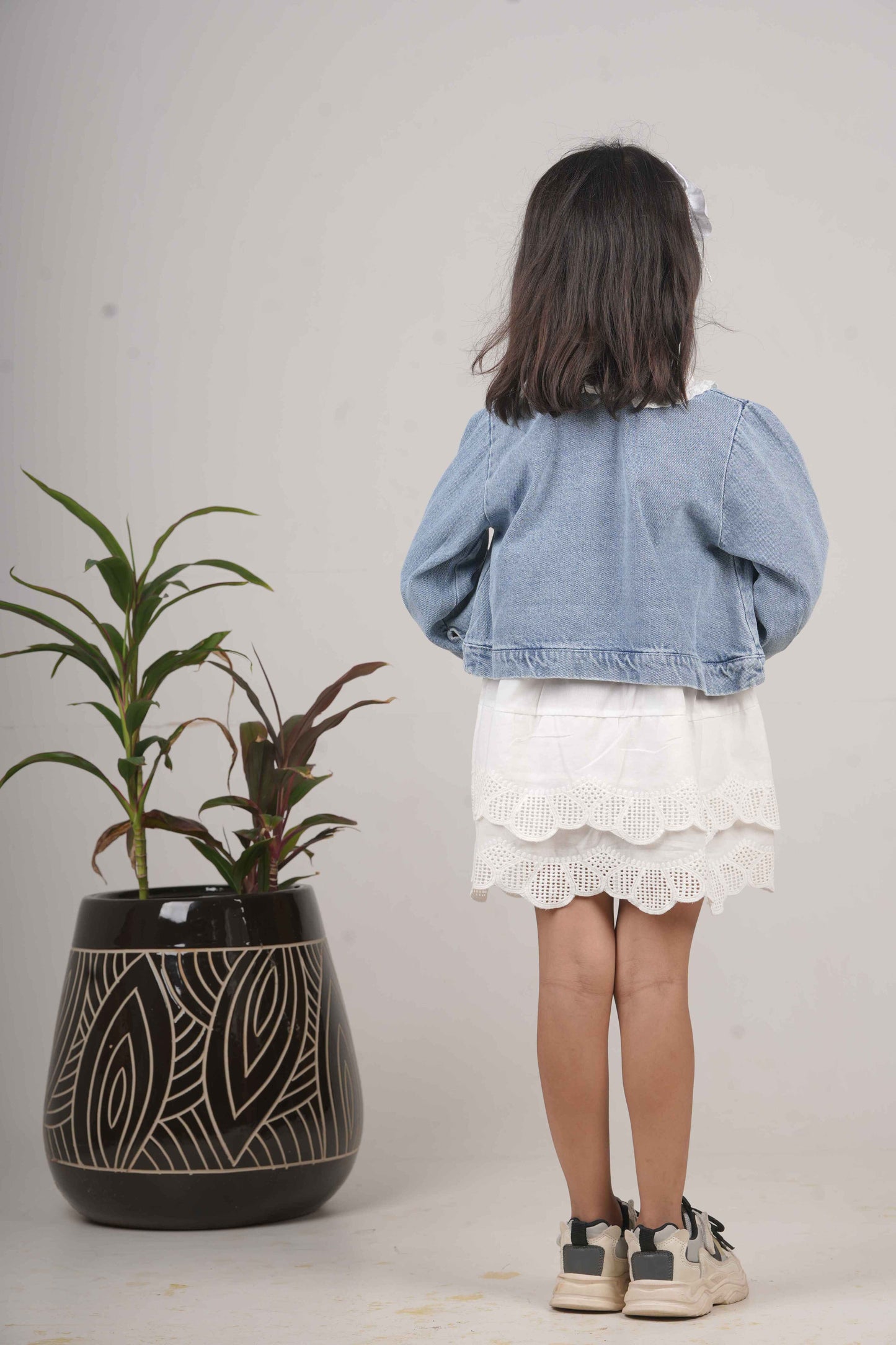 Girls’ White Frock with Blue Denim Jacket – Stylish Party & Casual Wear