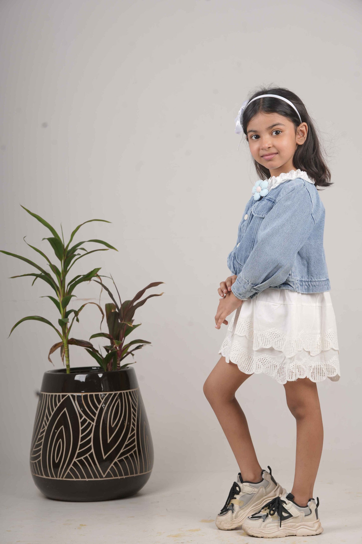 Girls’ White Frock with Blue Denim Jacket – Stylish Party & Casual Wear
