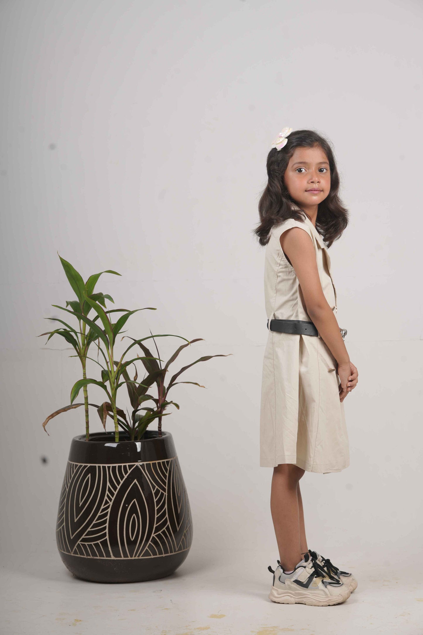 Girls’ Cream One-Piece Middy Dress with Belt – Elegant Party & Casual Wear