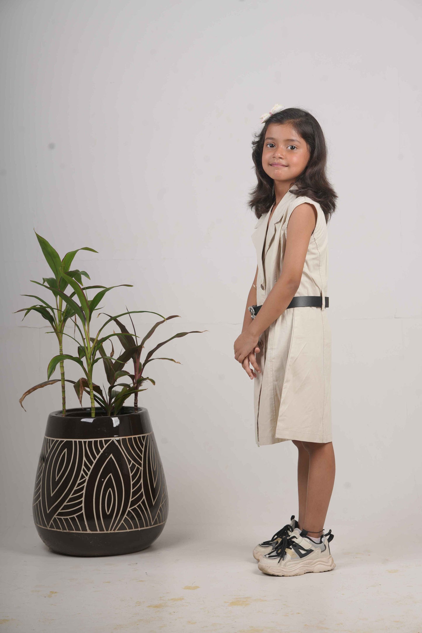 Girls’ Cream One-Piece Middy Dress with Belt – Elegant Party & Casual Wear