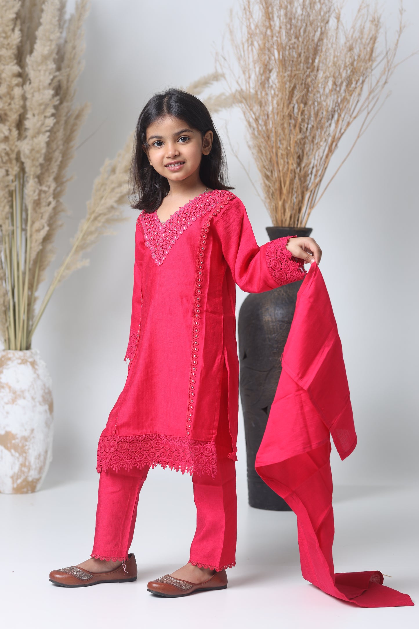 Rani Pink Pakistani Three-Piece Suit for Girls