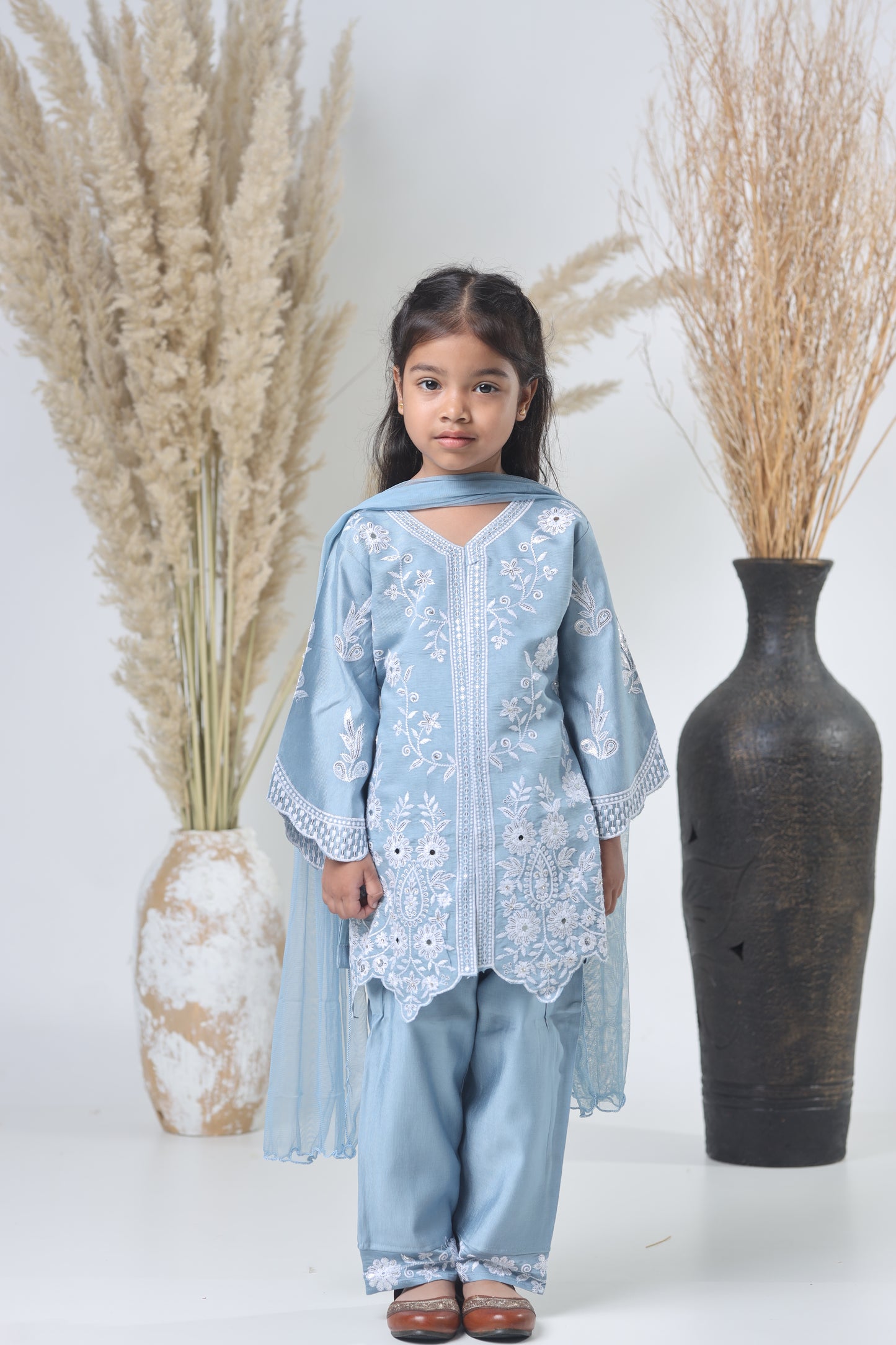 Kids Hand Work Cord Set – Sky Blue with White Embroidery