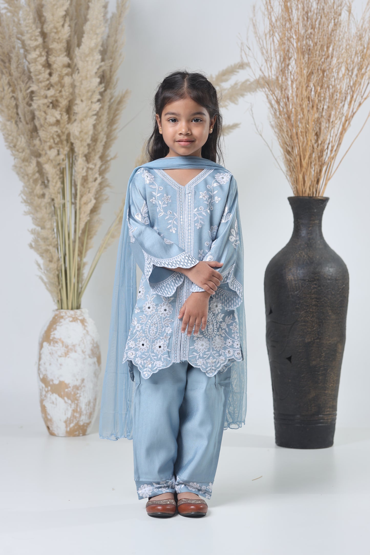 Kids Hand Work Cord Set – Sky Blue with White Embroidery
