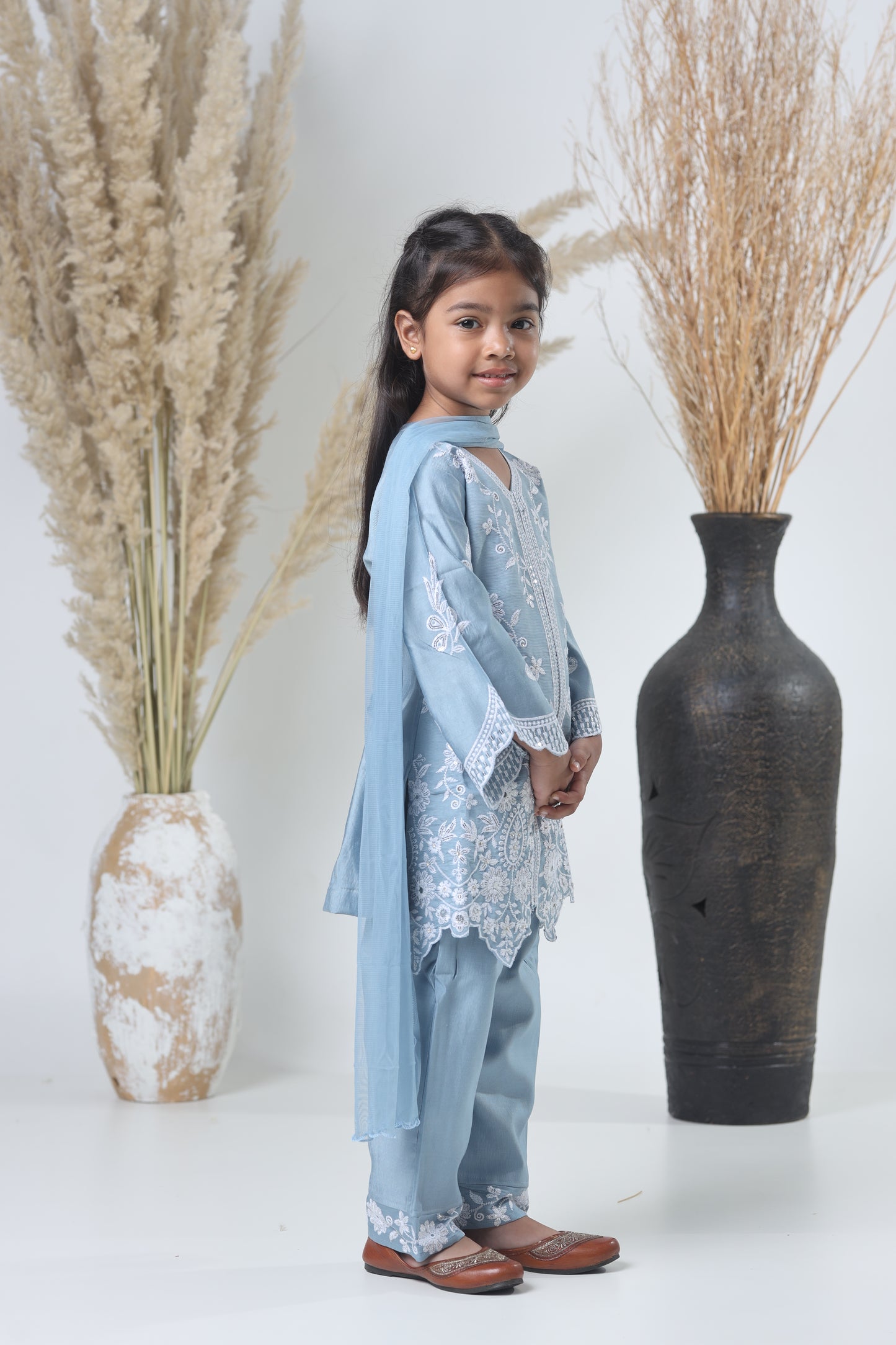 Kids Hand Work Cord Set – Sky Blue with White Embroidery