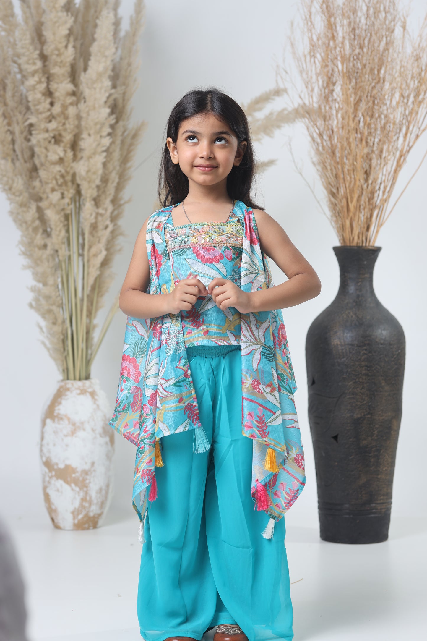Kids Shrara Set with Jacket – Blue & Multicolor Print