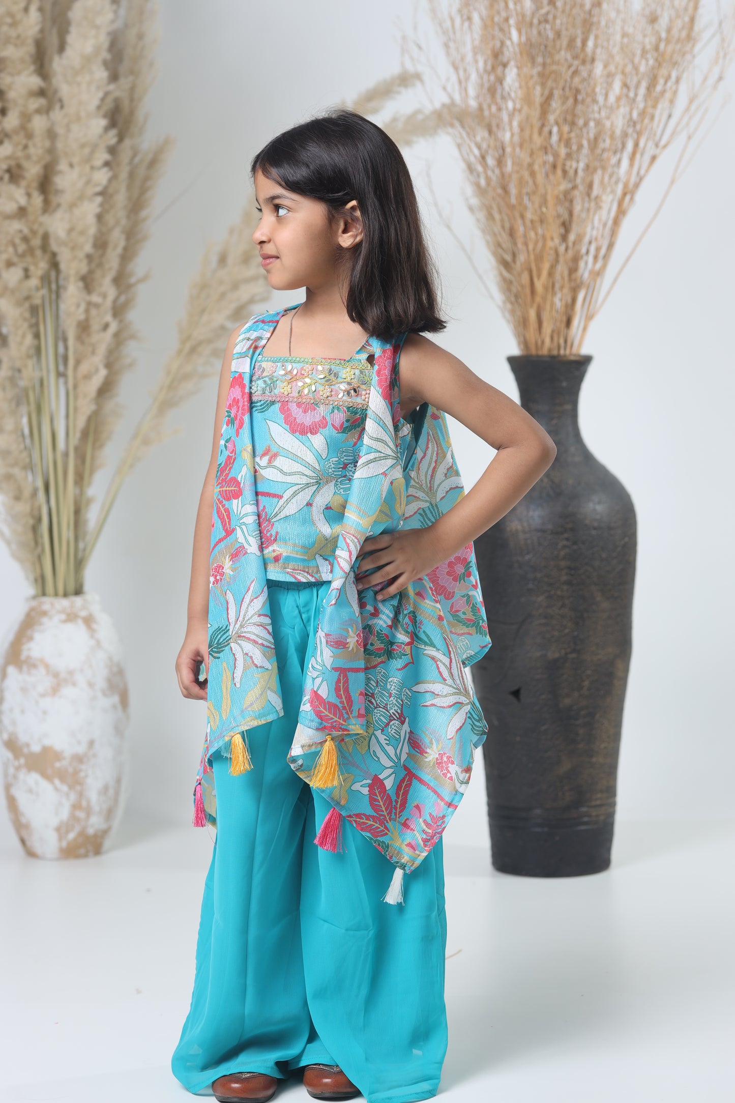 Kids Shrara Set with Jacket – Blue & Multicolor Print