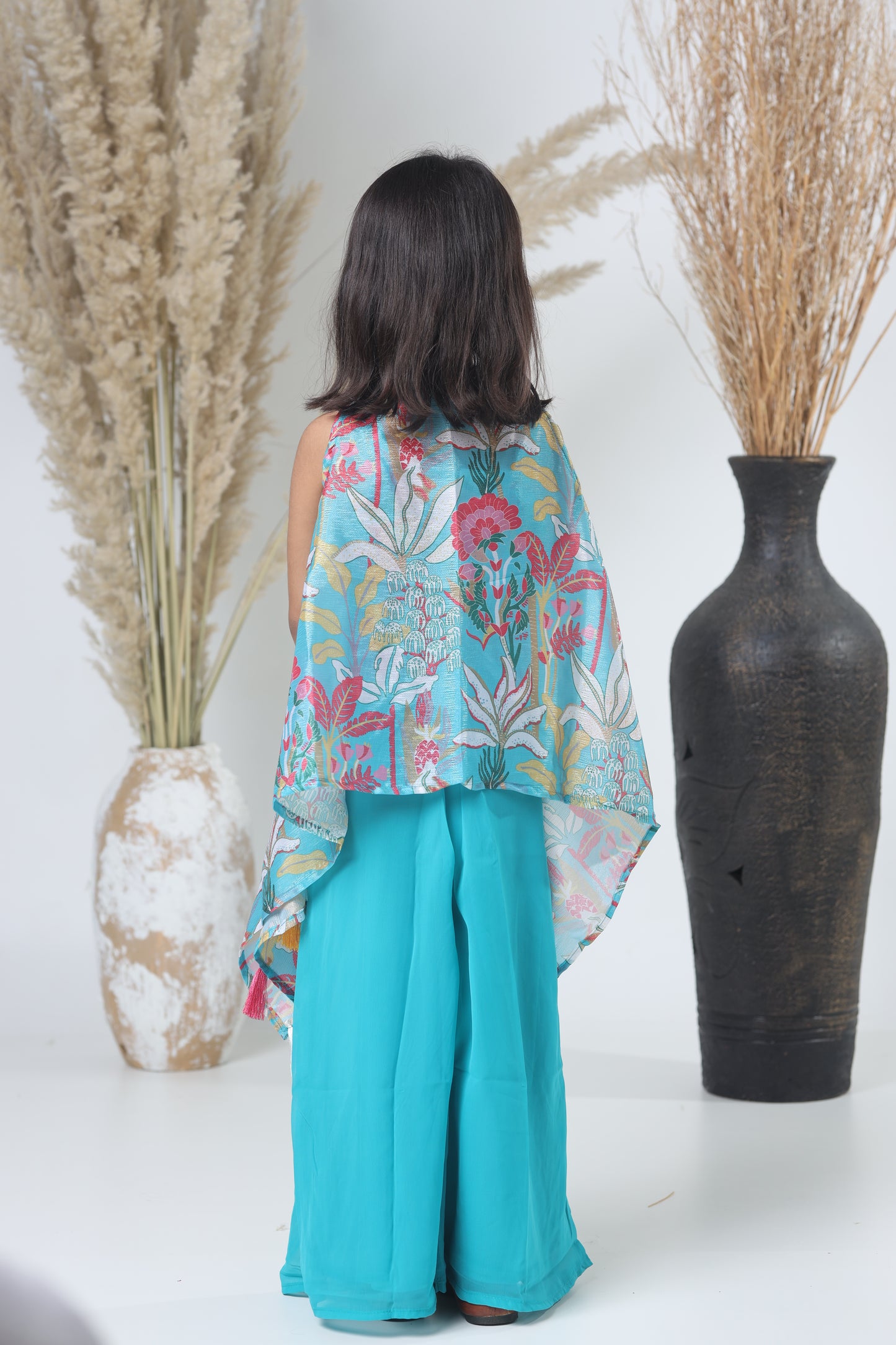 Kids Shrara Set with Jacket – Blue & Multicolor Print