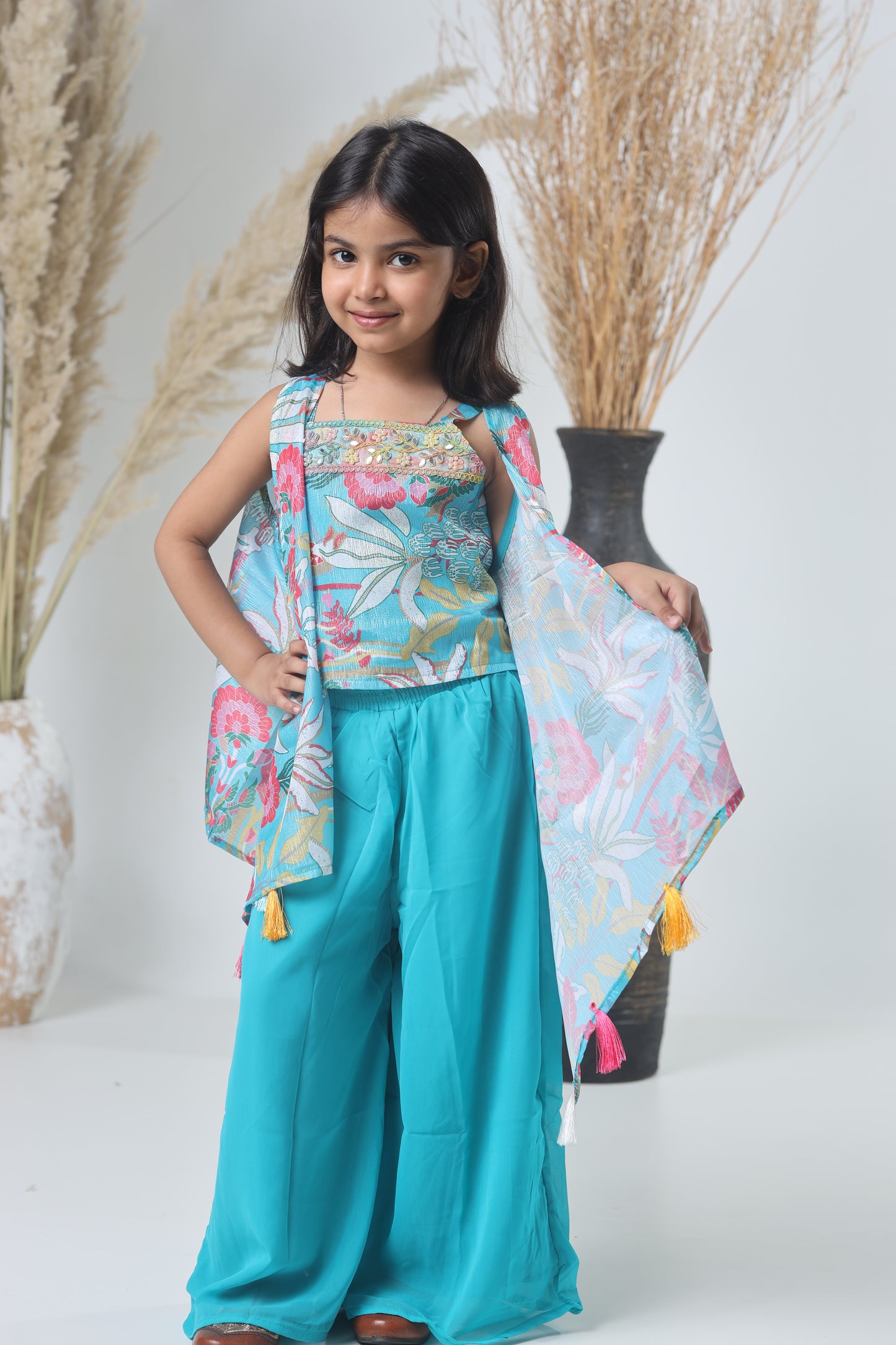 Kids Shrara Set with Jacket – Blue & Multicolor Print