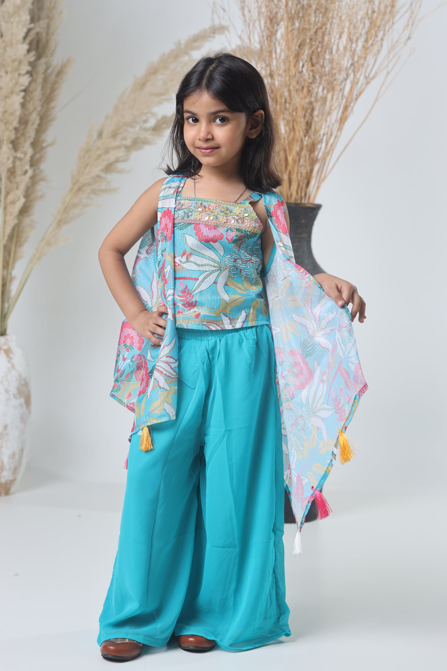 Kids Shrara Set with Jacket – Blue & Multicolor Print