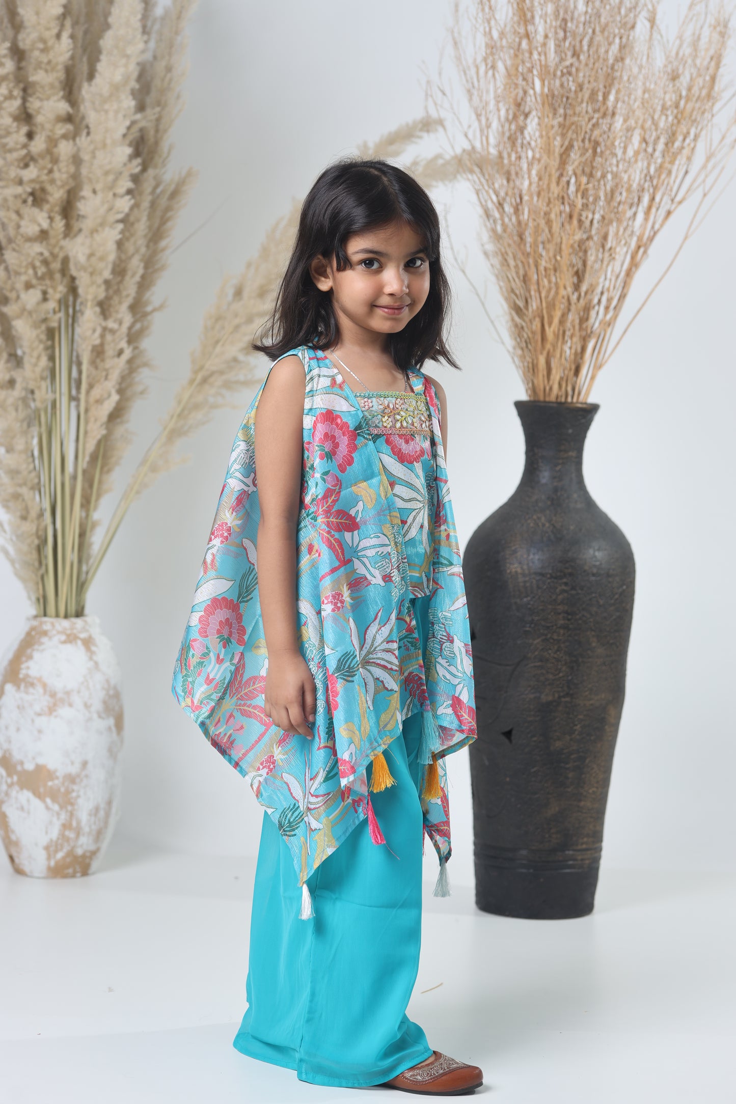 Kids Shrara Set with Jacket – Blue & Multicolor Print
