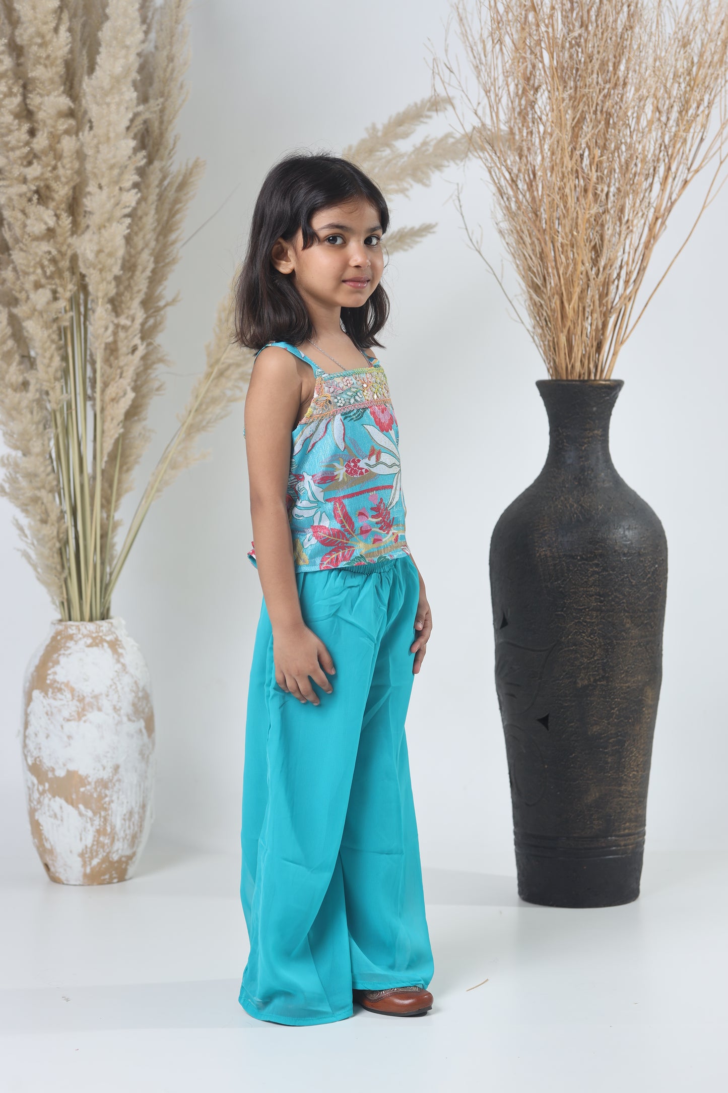 Kids Shrara Set with Jacket – Blue & Multicolor Print
