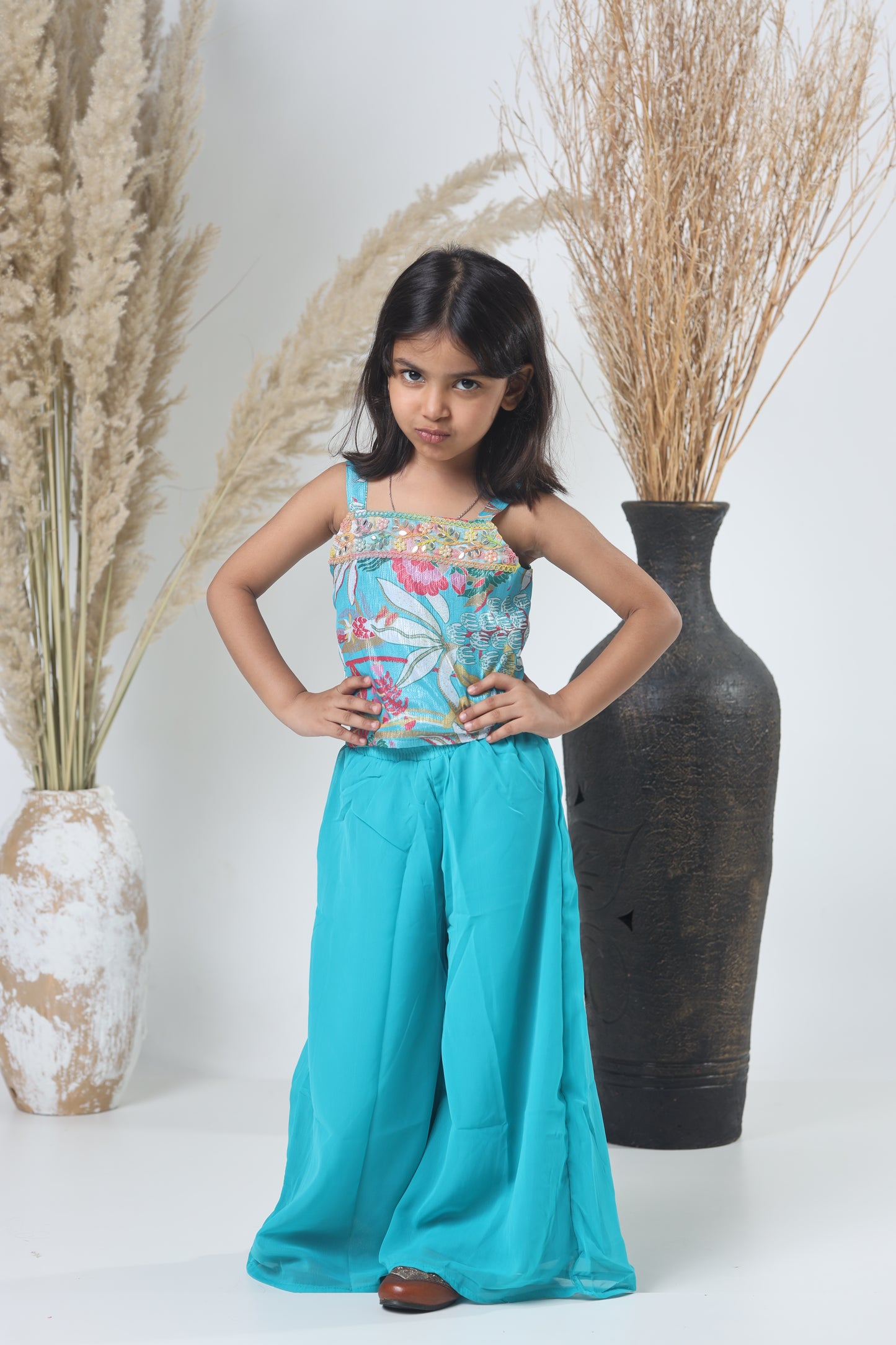 Kids Shrara Set with Jacket – Blue & Multicolor Print