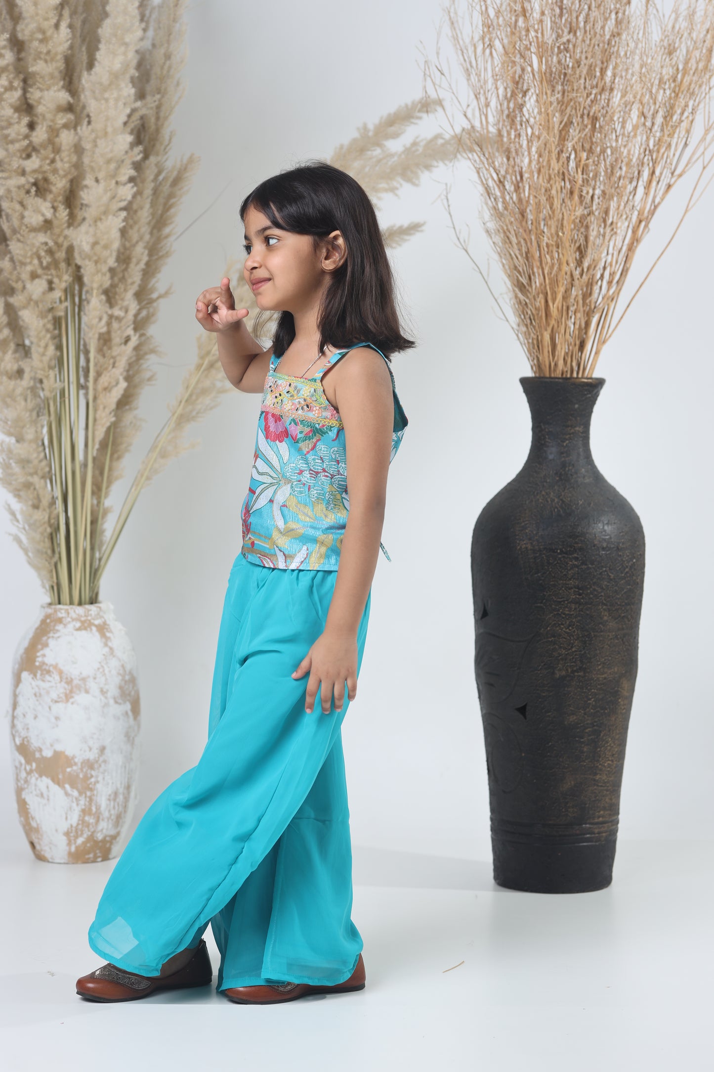 Kids Shrara Set with Jacket – Blue & Multicolor Print