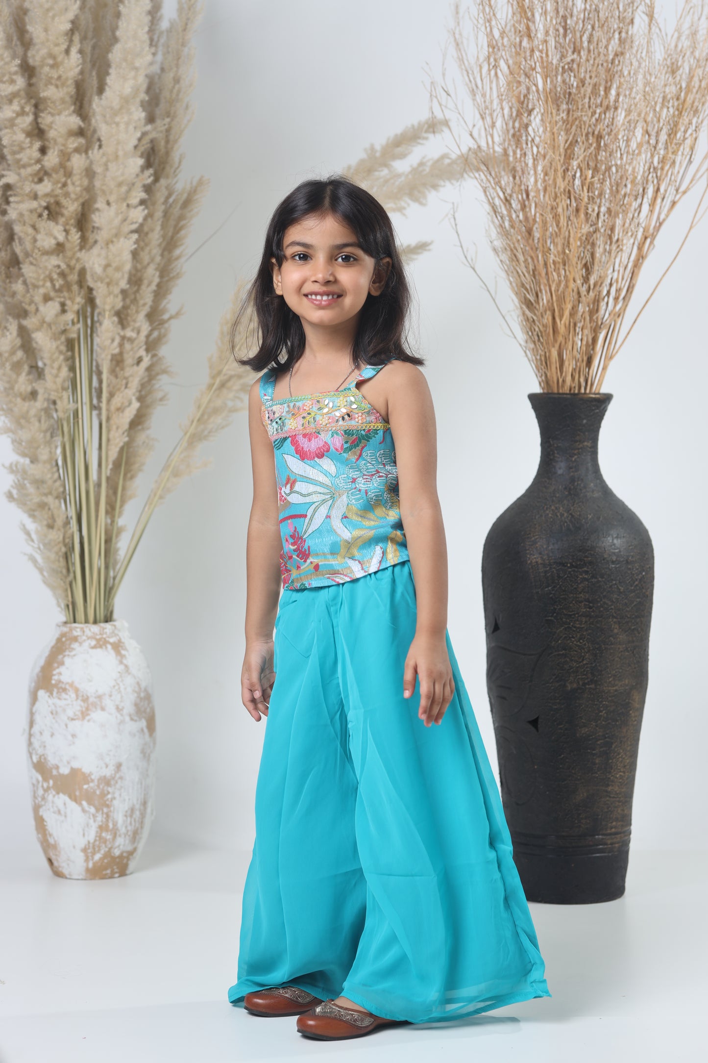 Kids Shrara Set with Jacket – Blue & Multicolor Print