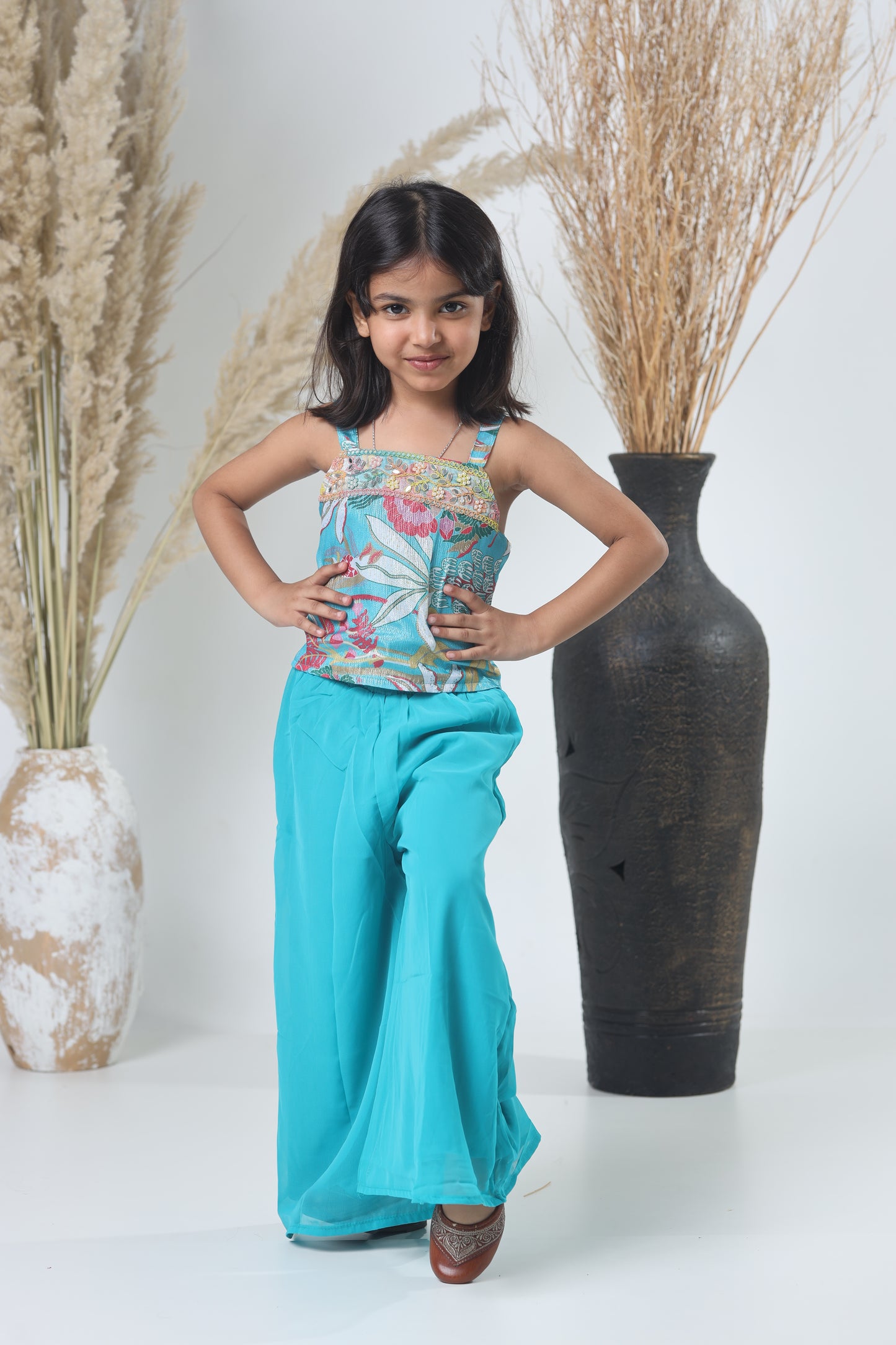Kids Shrara Set with Jacket – Blue & Multicolor Print