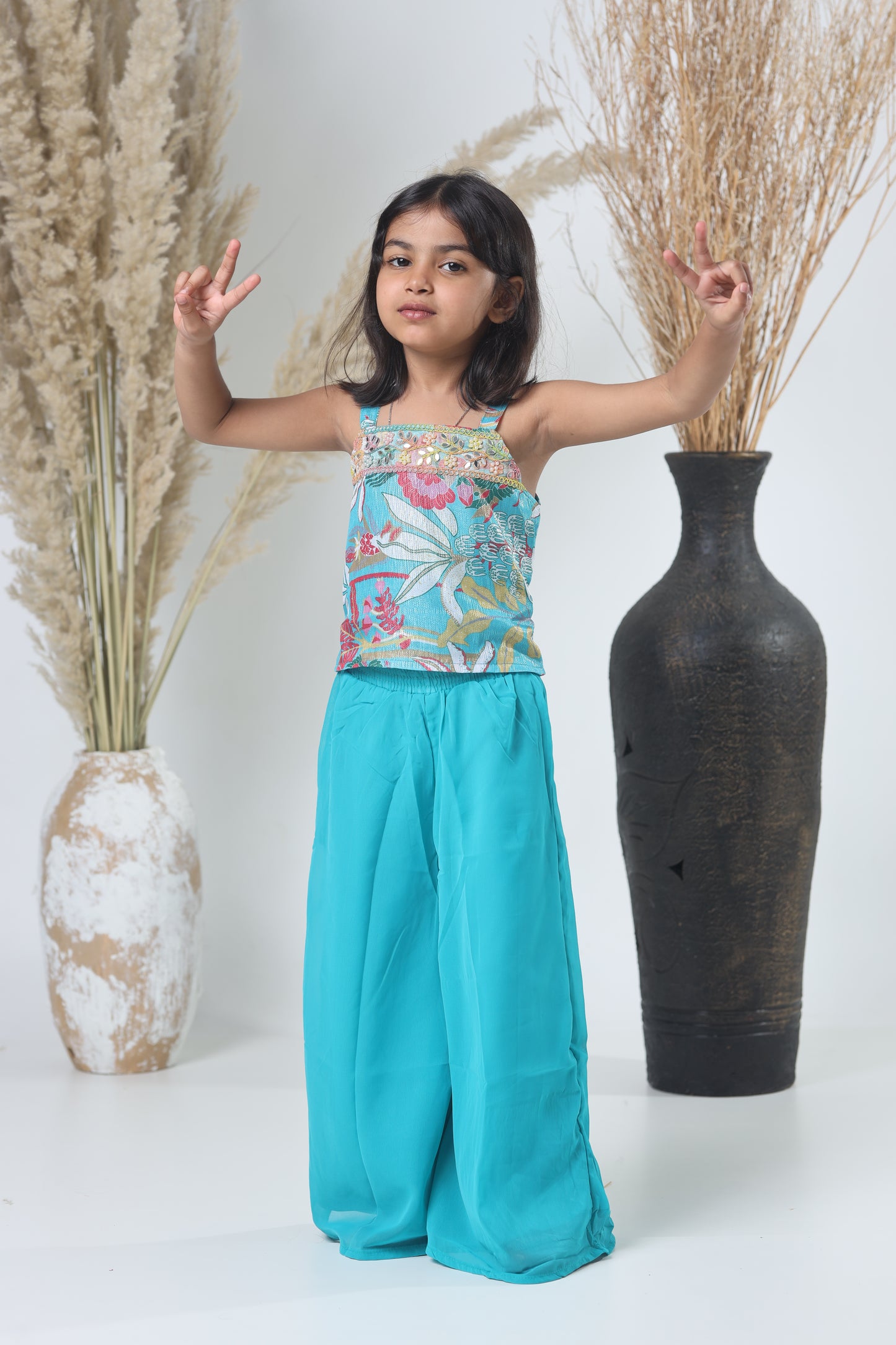 Kids Shrara Set with Jacket – Blue & Multicolor Print