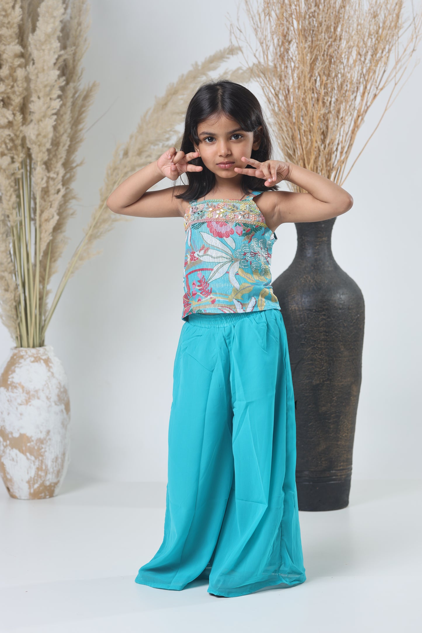 Kids Shrara Set with Jacket – Blue & Multicolor Print