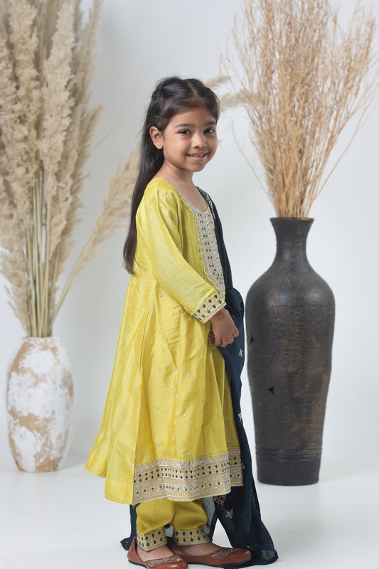 Girls Embroidered Yellow-Green Three-Piece Suit with Navy Dupatta
