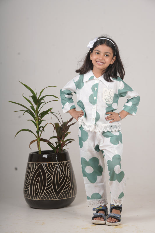 Girls Green Polka Print Cotton Cord Set