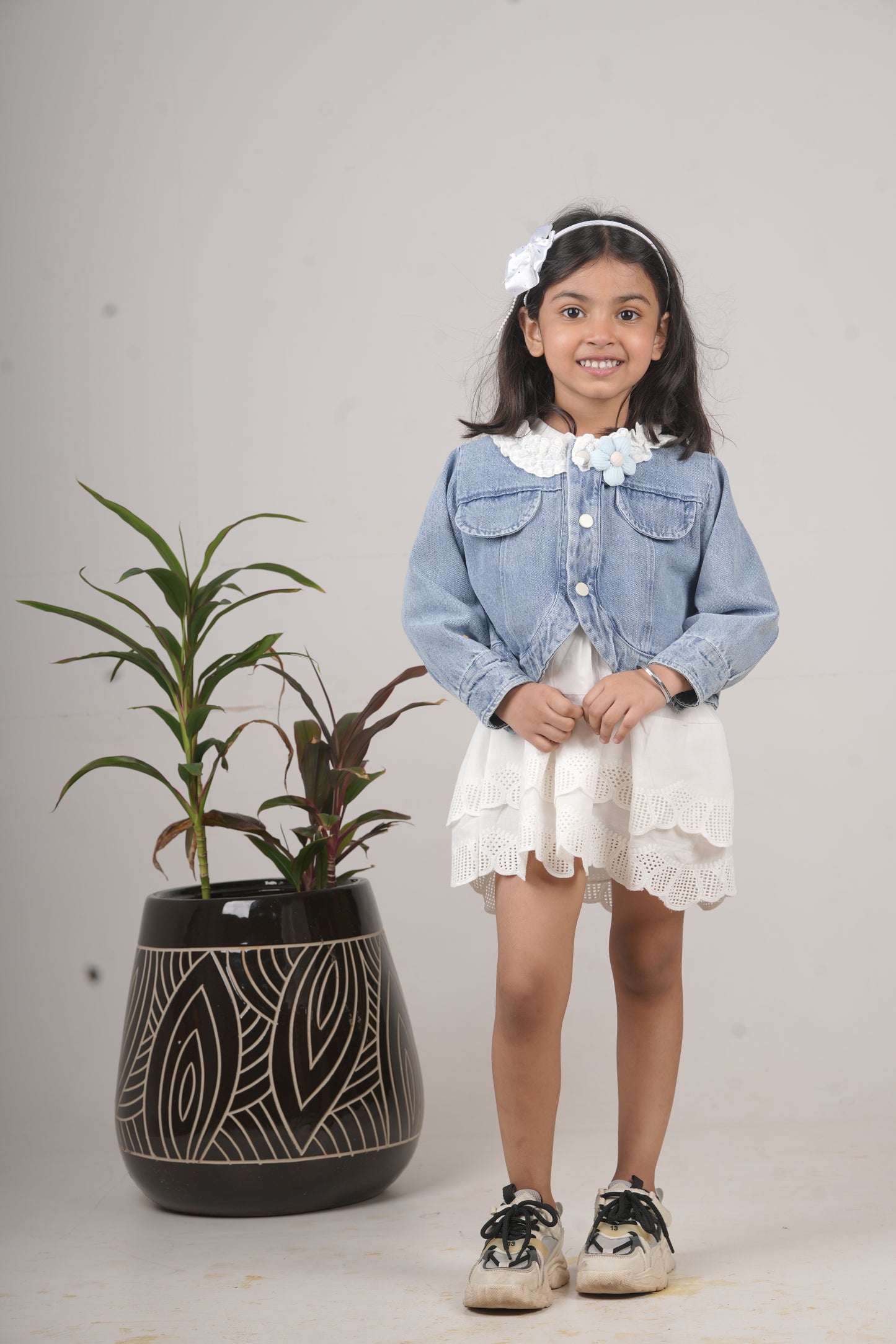 Girls’ White Frock with Blue Denim Jacket – Stylish Party & Casual Wear