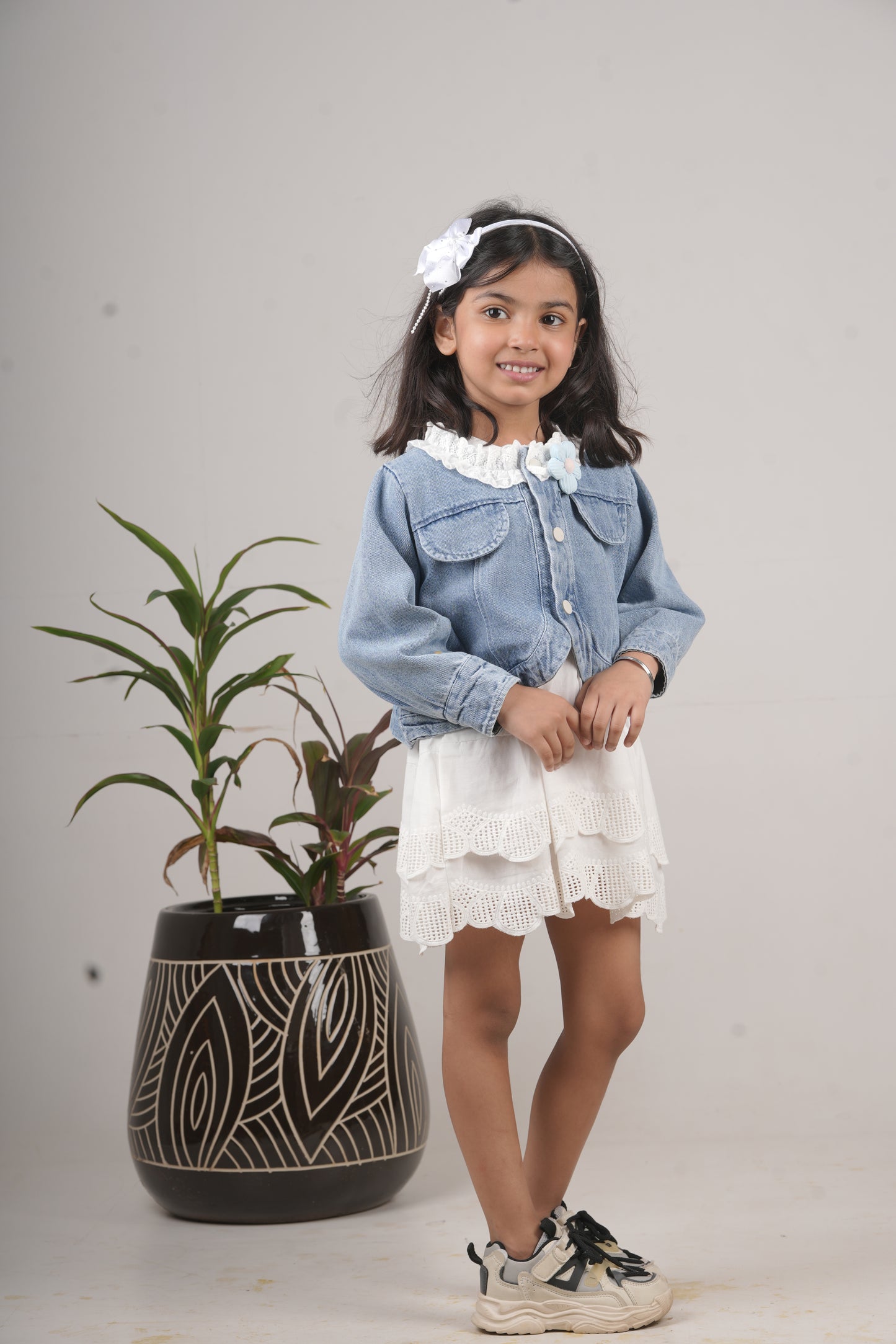 Girls’ White Frock with Blue Denim Jacket – Stylish Party & Casual Wear
