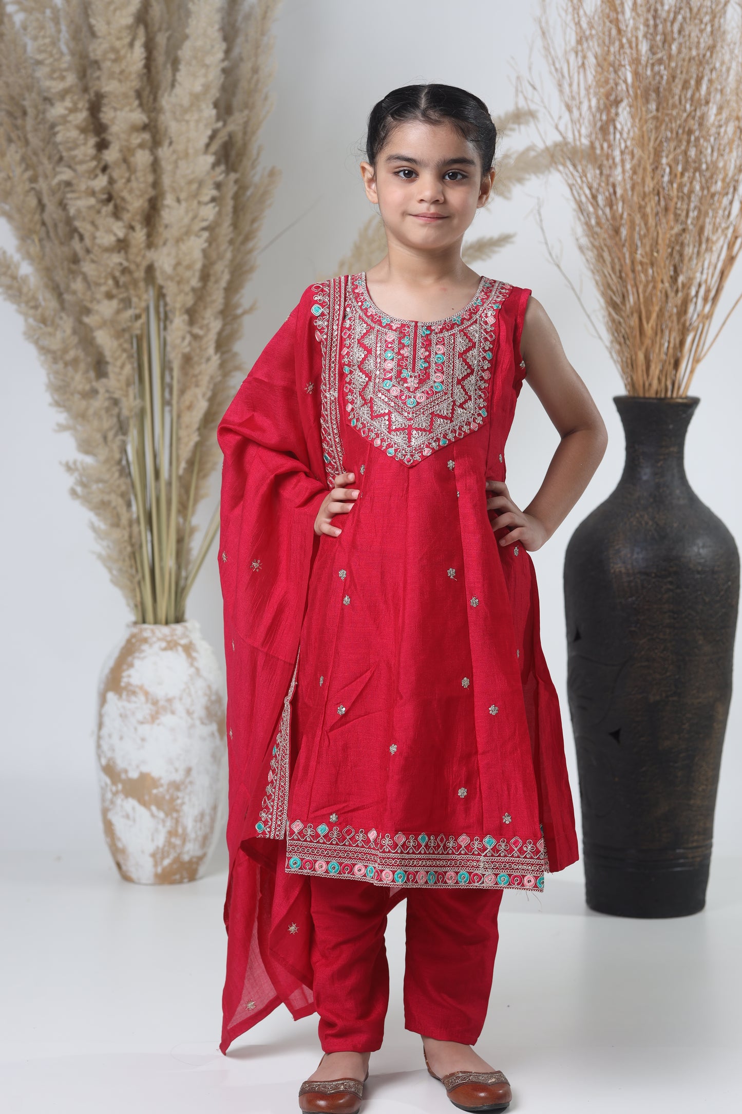 Girls Embroidered Red Meheroon Three-Piece Suit