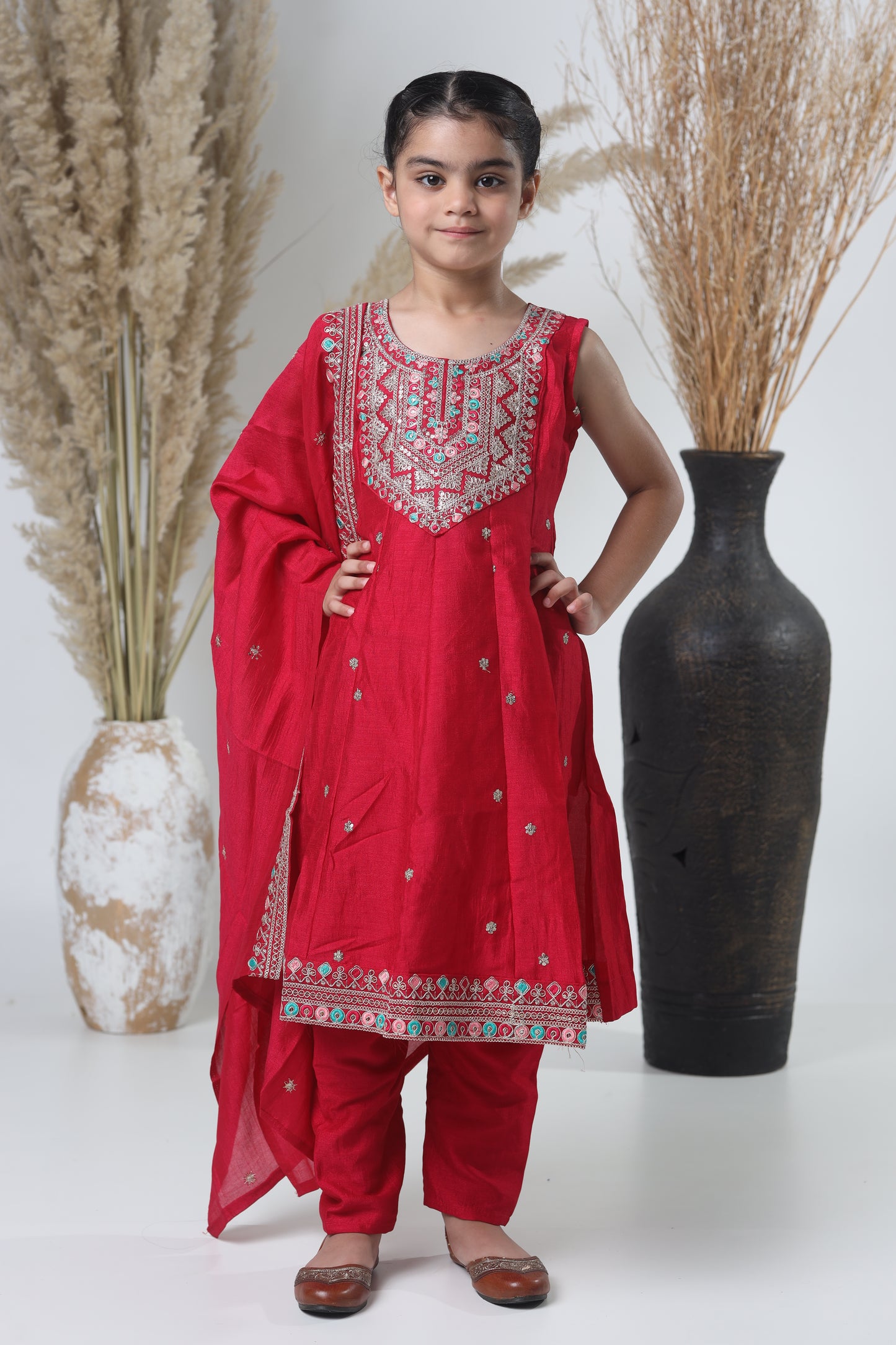 Girls Embroidered Red Meheroon Three-Piece Suit
