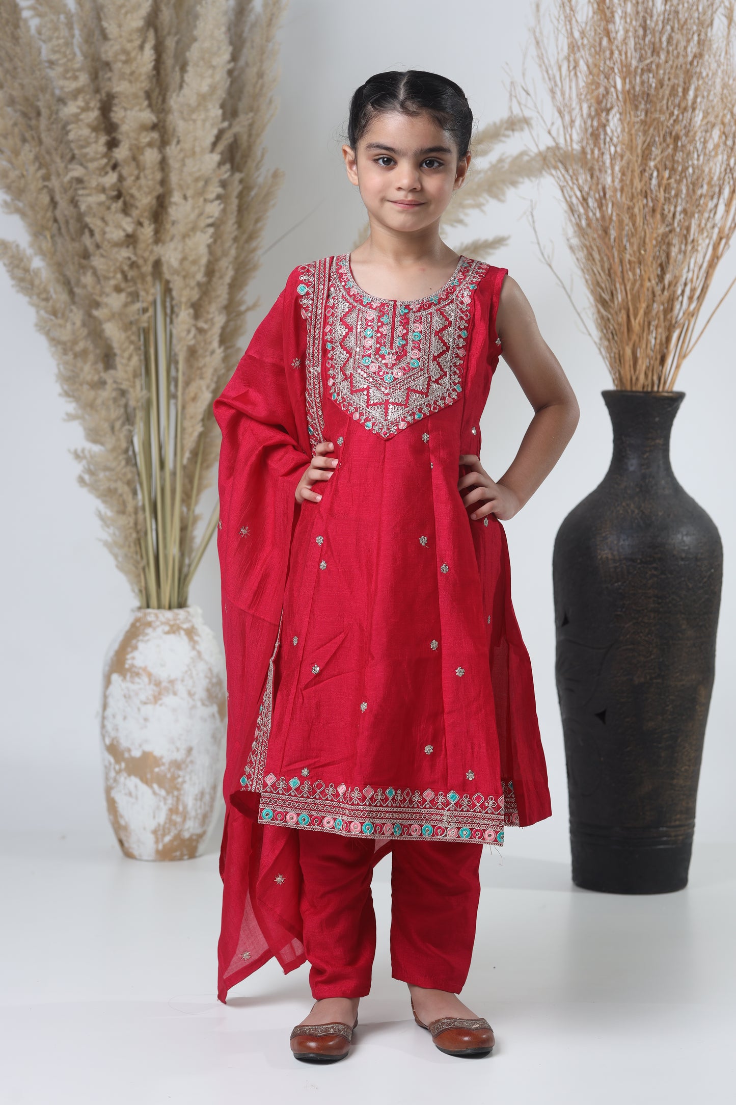 Girls Embroidered Red Meheroon Three-Piece Suit