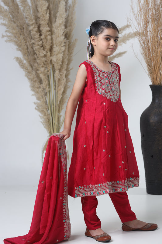 Girls Embroidered Red Meheroon Three-Piece Suit