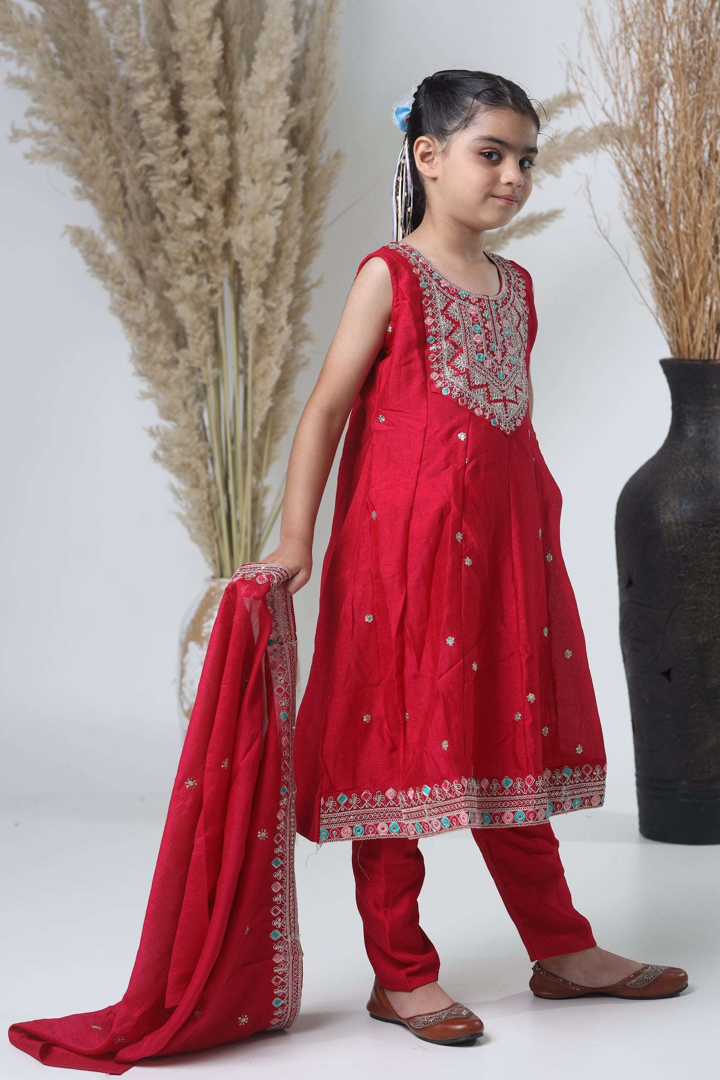 Girls Embroidered Red Meheroon Three-Piece Suit