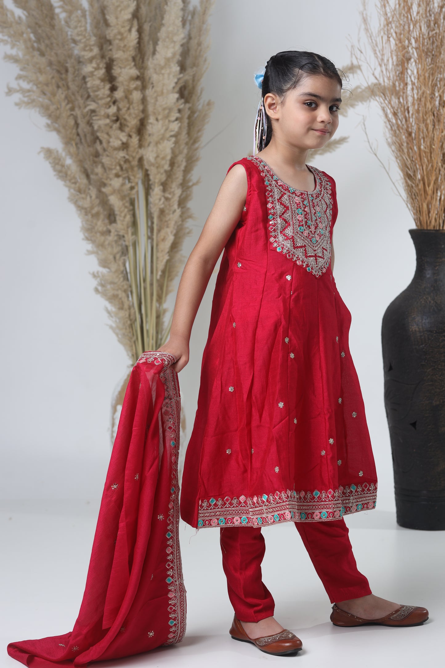Girls Embroidered Red Meheroon Three-Piece Suit