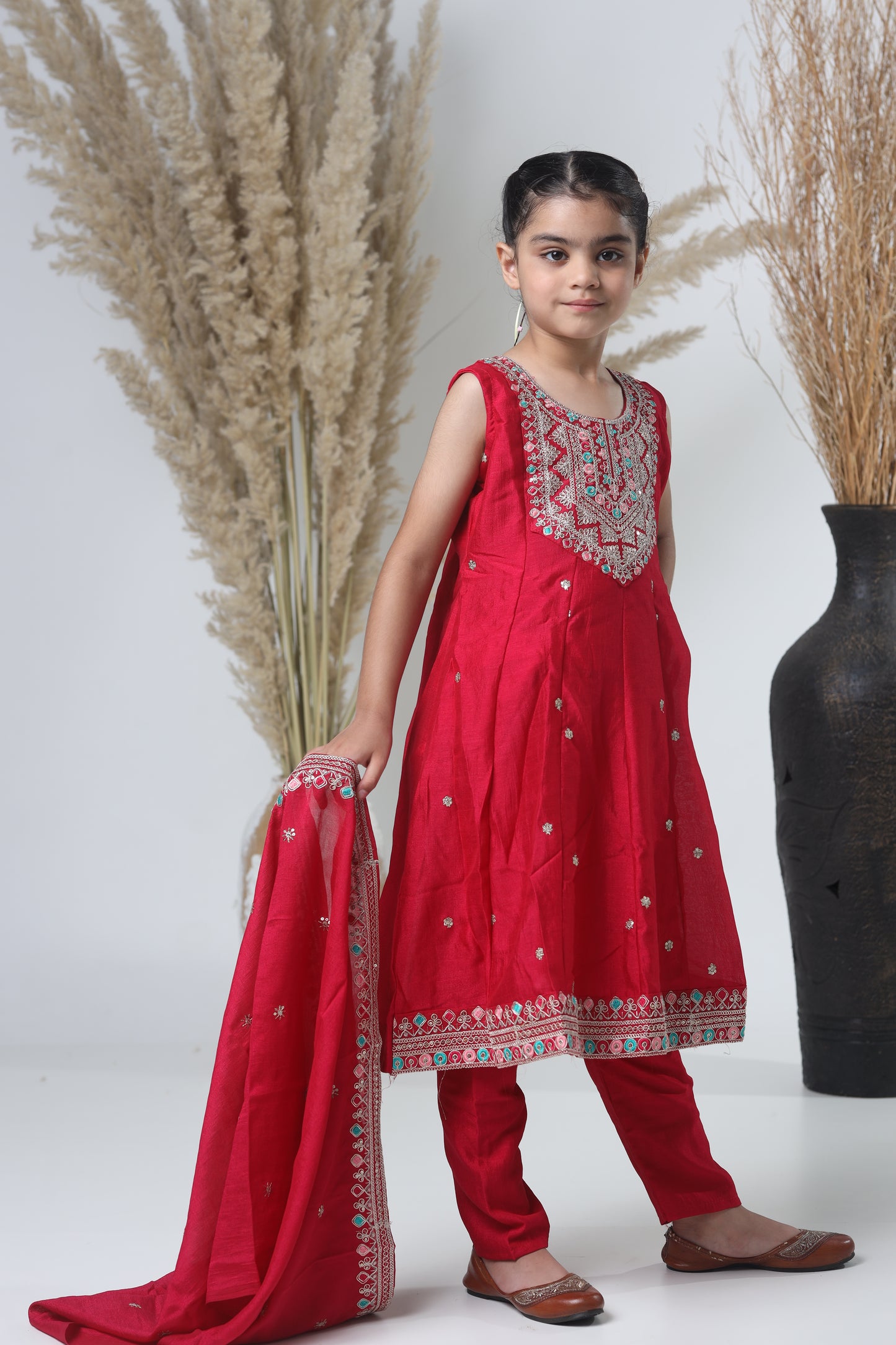 Girls Embroidered Red Meheroon Three-Piece Suit