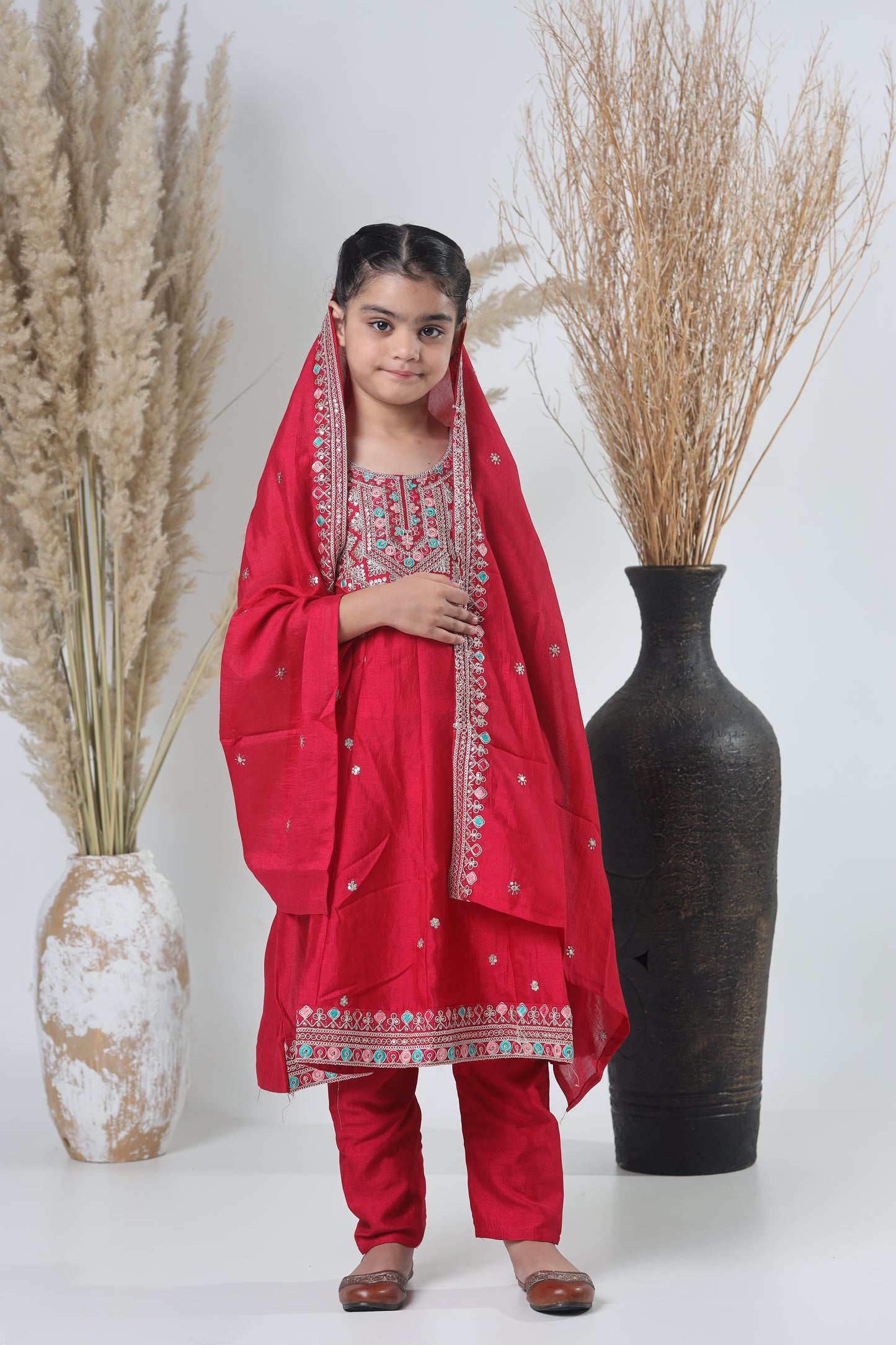 Girls Embroidered Red Meheroon Three-Piece Suit