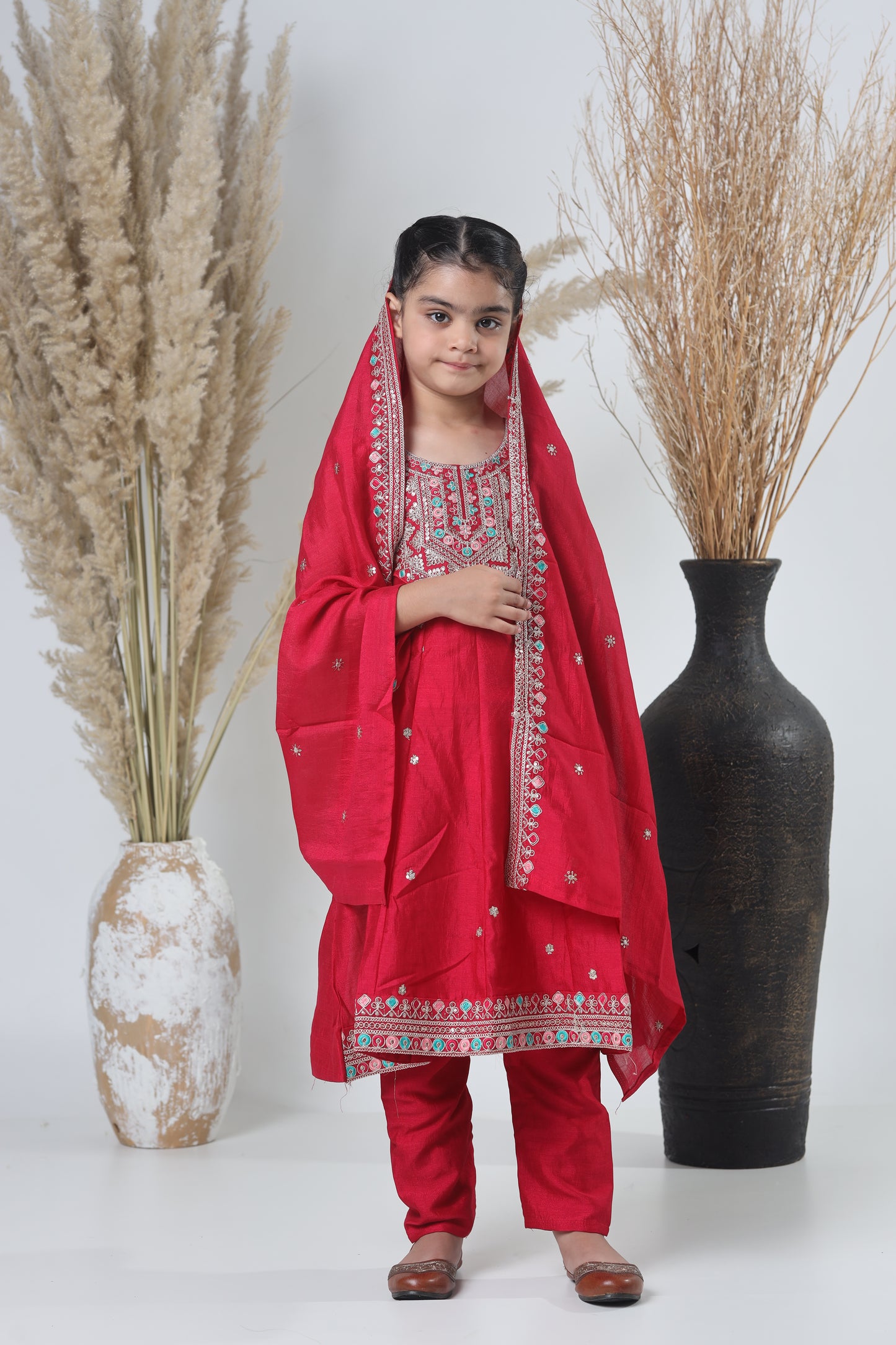 Girls Embroidered Red Meheroon Three-Piece Suit