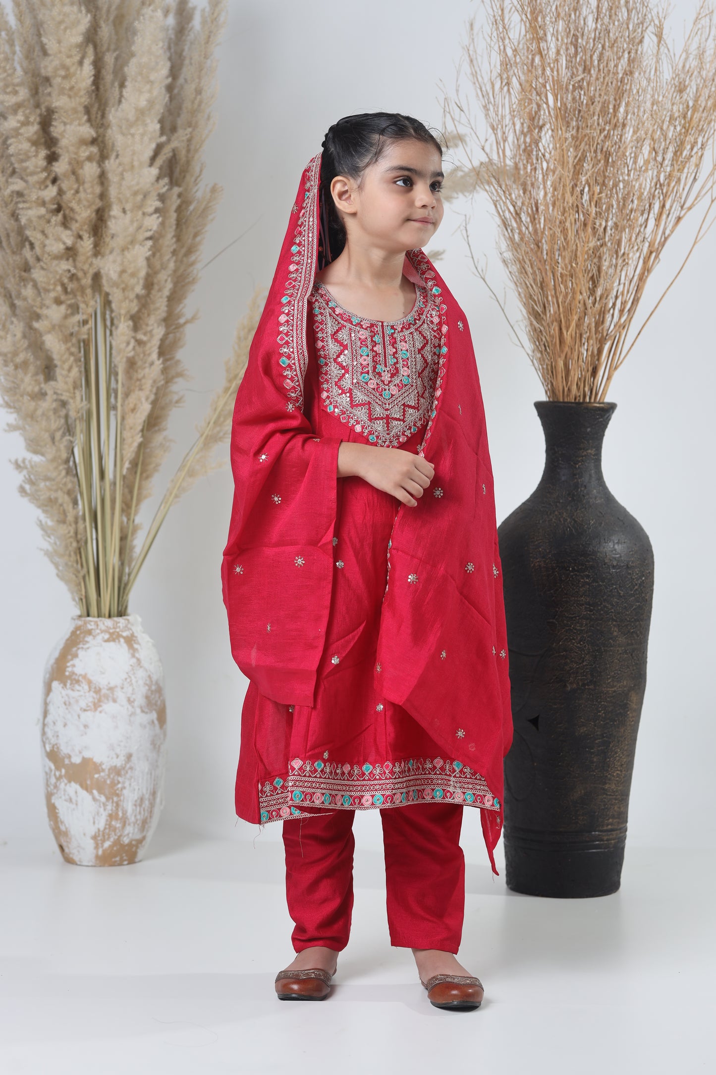 Girls Embroidered Red Meheroon Three-Piece Suit