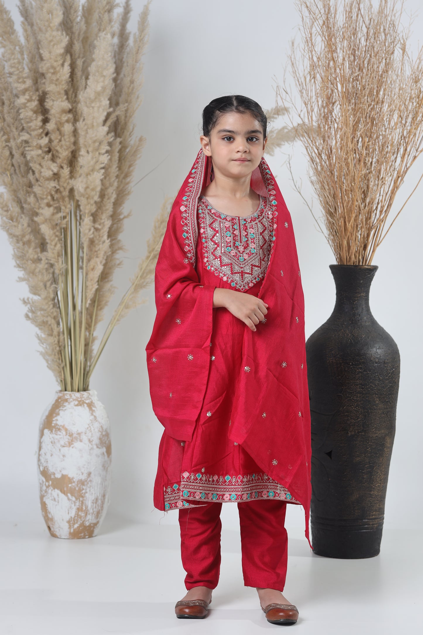 Girls Embroidered Red Meheroon Three-Piece Suit