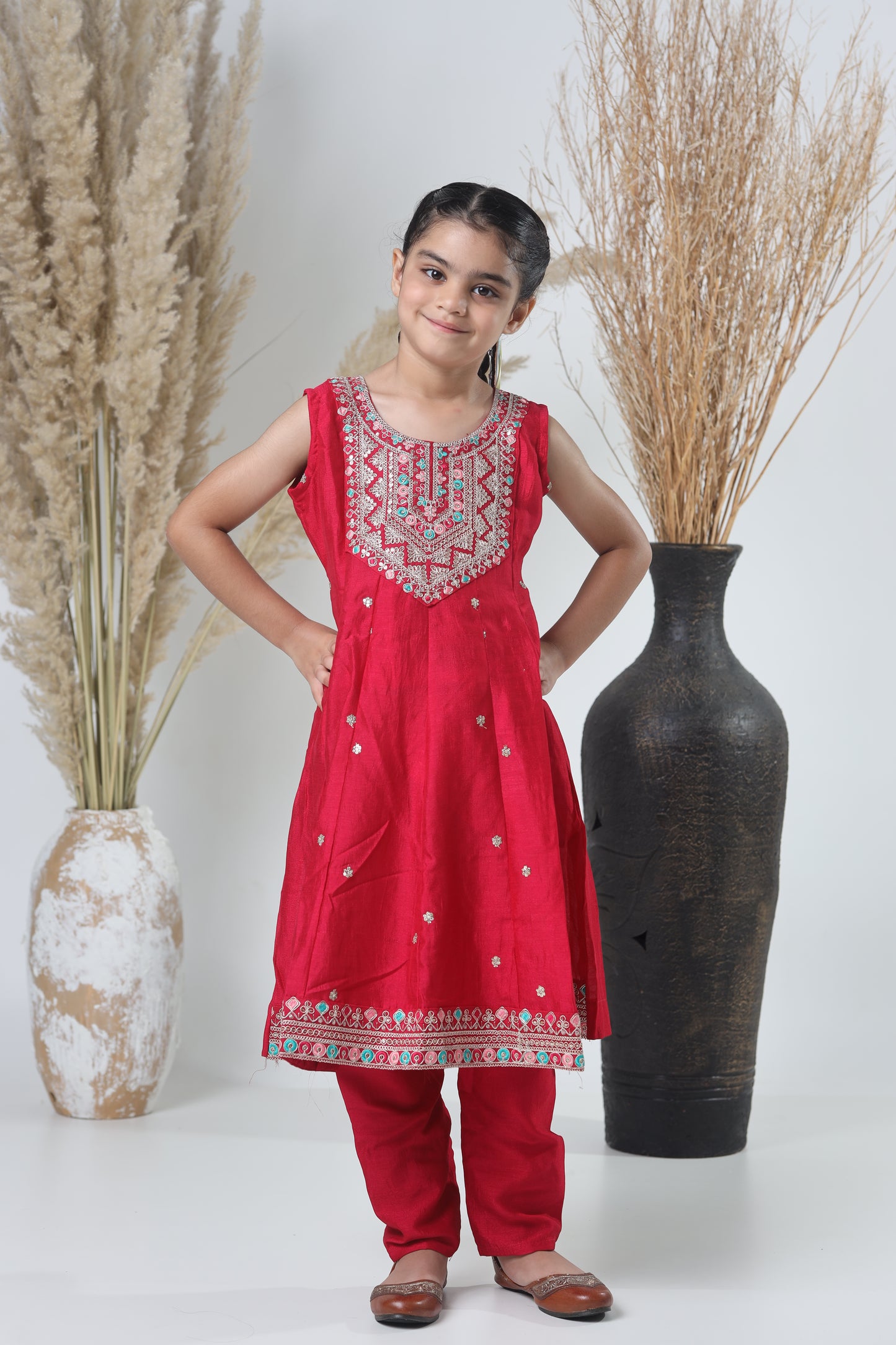 Girls Embroidered Red Meheroon Three-Piece Suit