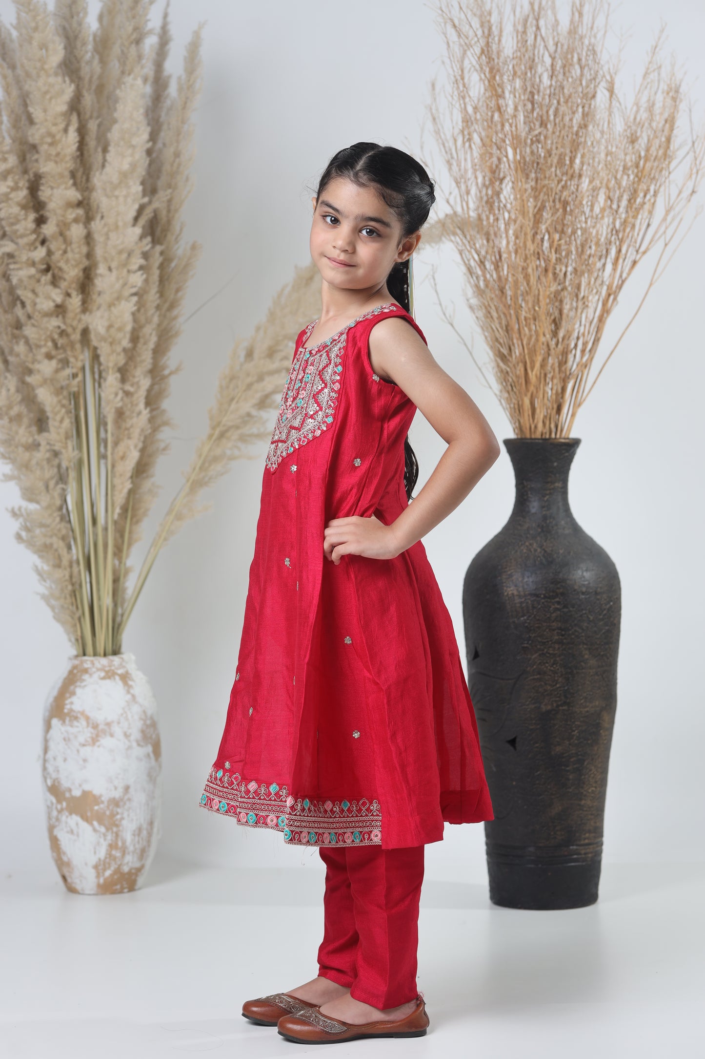 Girls Embroidered Red Meheroon Three-Piece Suit