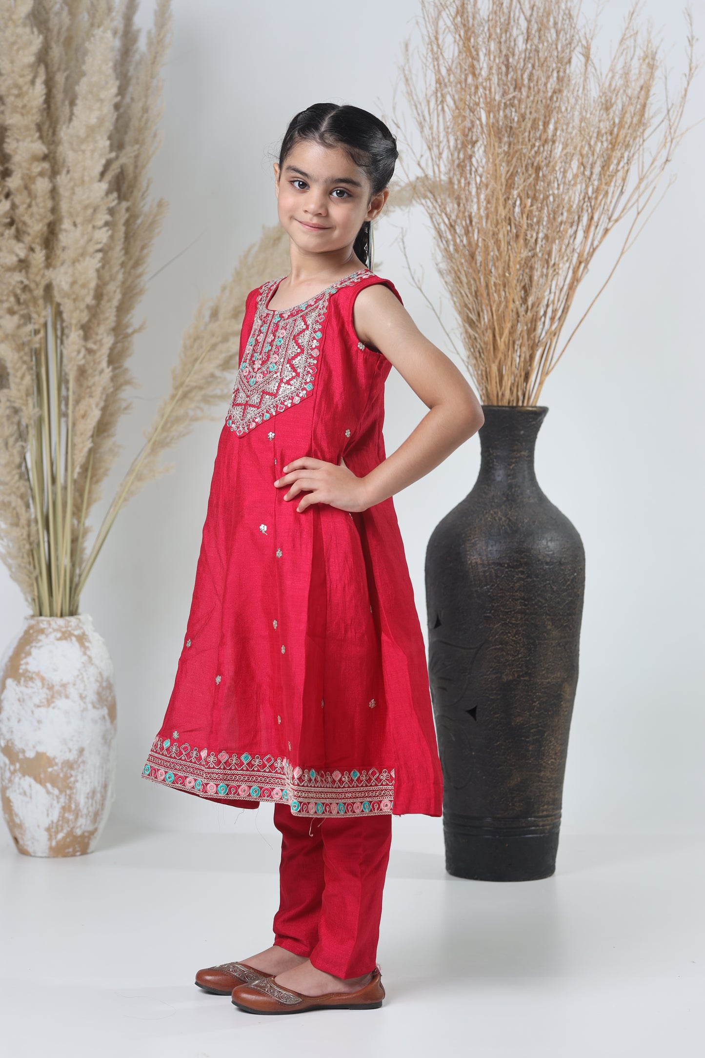 Girls Embroidered Red Meheroon Three-Piece Suit