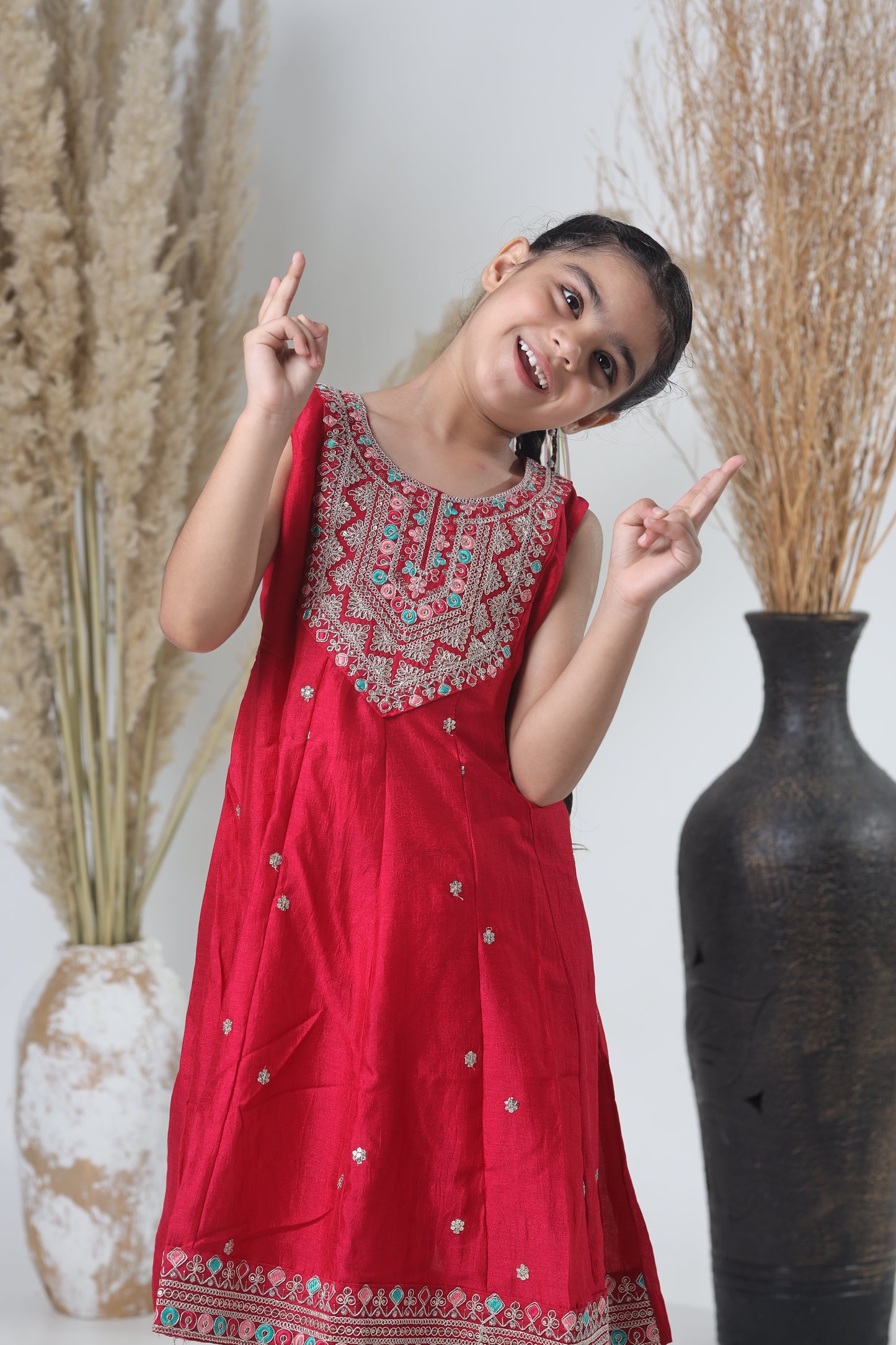 Girls Embroidered Red Meheroon Three-Piece Suit